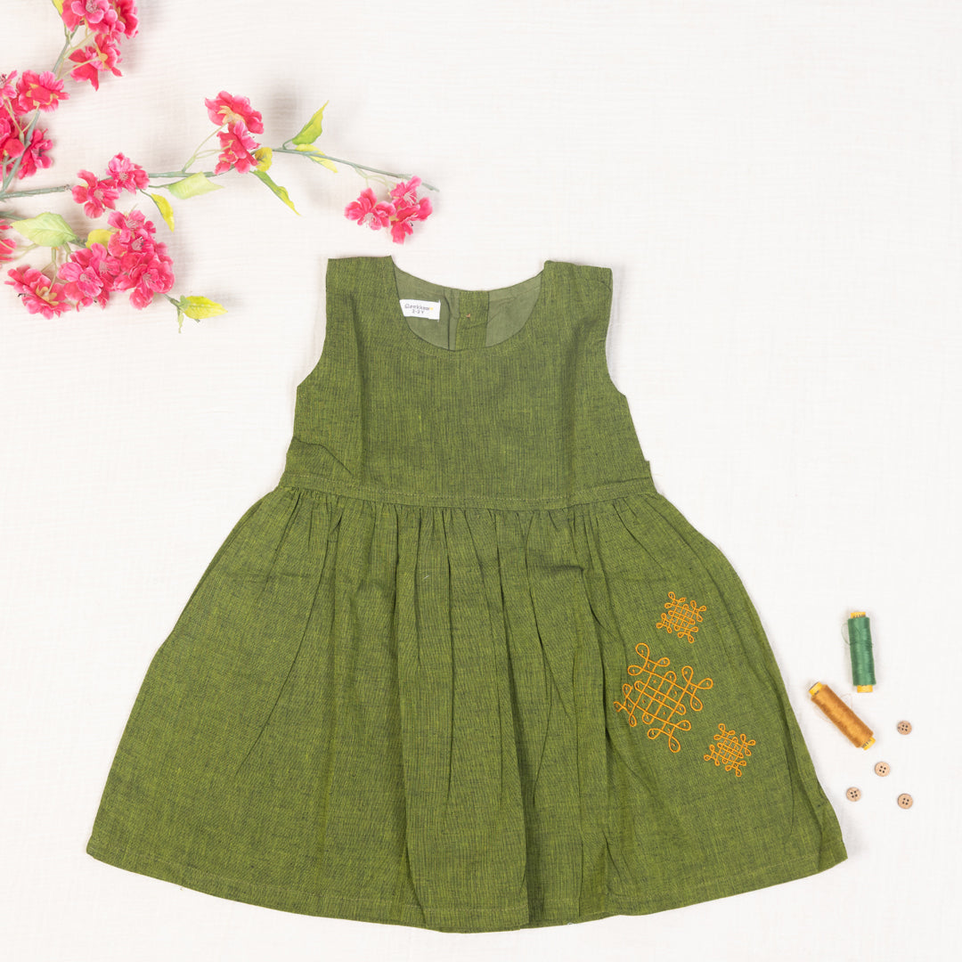 Olive Green Flared Back -Tie Frock
