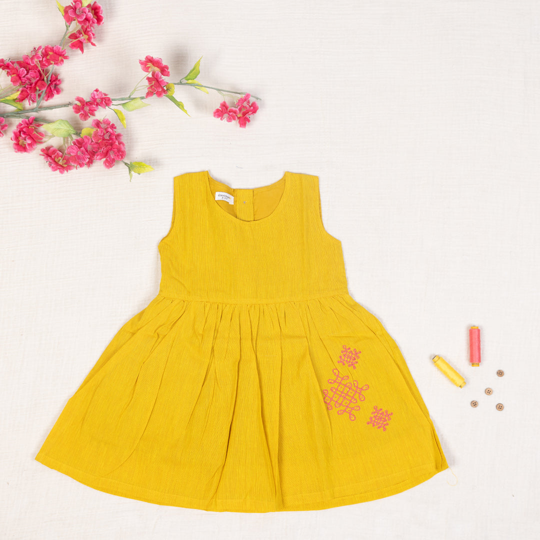 Mustard Yellow Flared Back -Tie Frock