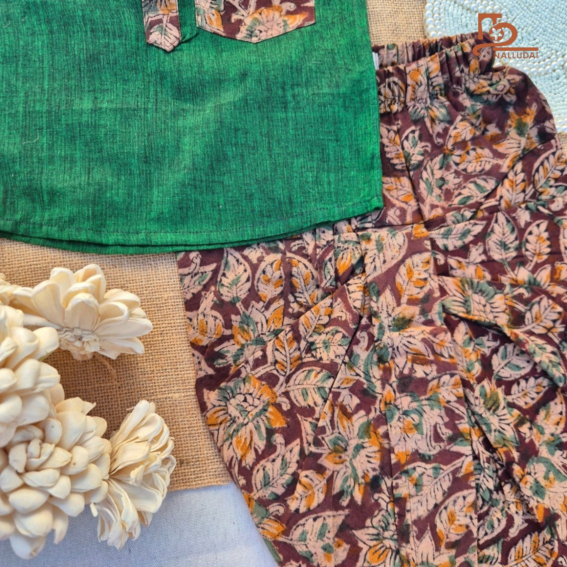 Kalamkari Forest Green  Dhoti set
