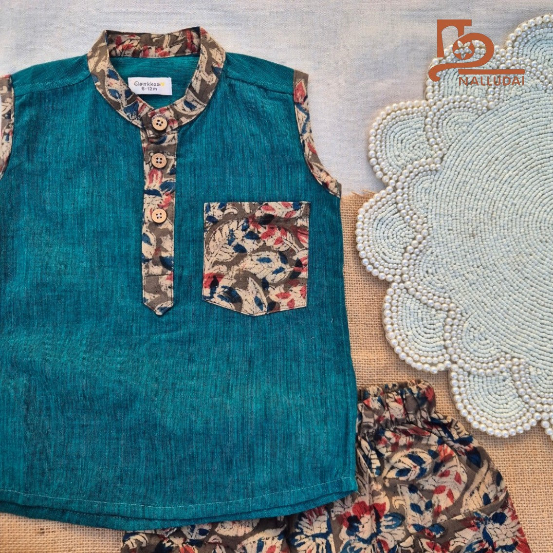 Kalamkari Teal Blossom Dhoti set