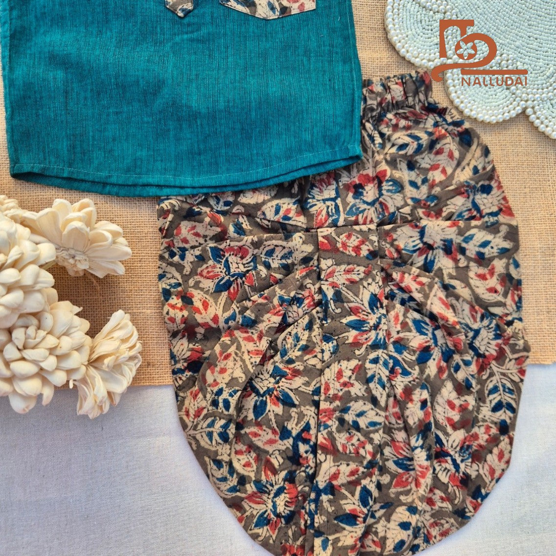 Kalamkari Teal Blossom Dhoti set