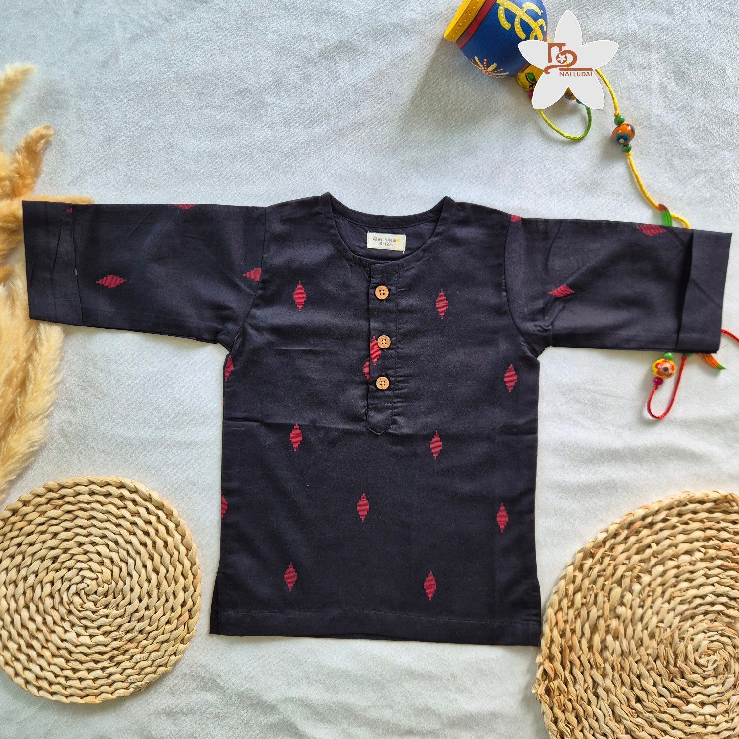 Black With Red Butta Kurta