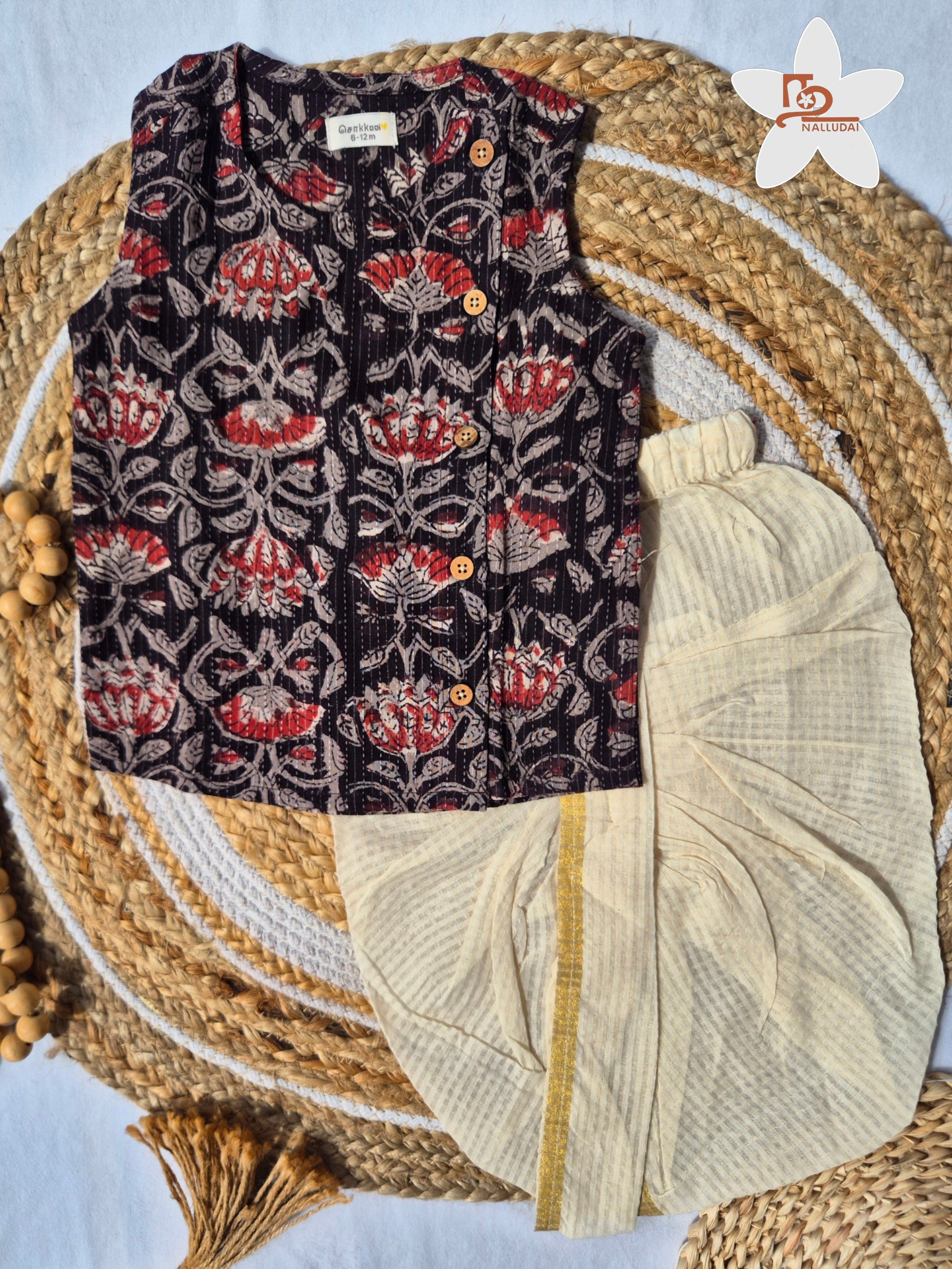 Graphite Bloom Kantha Cotton Dhoti set