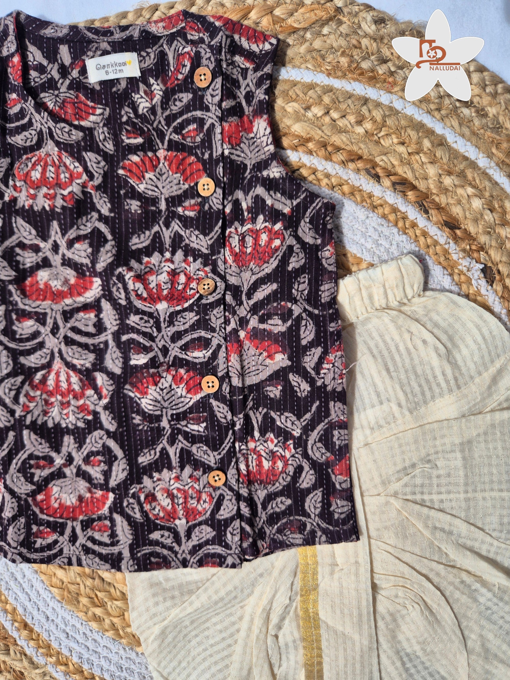 Graphite Bloom Kantha Cotton Dhoti set