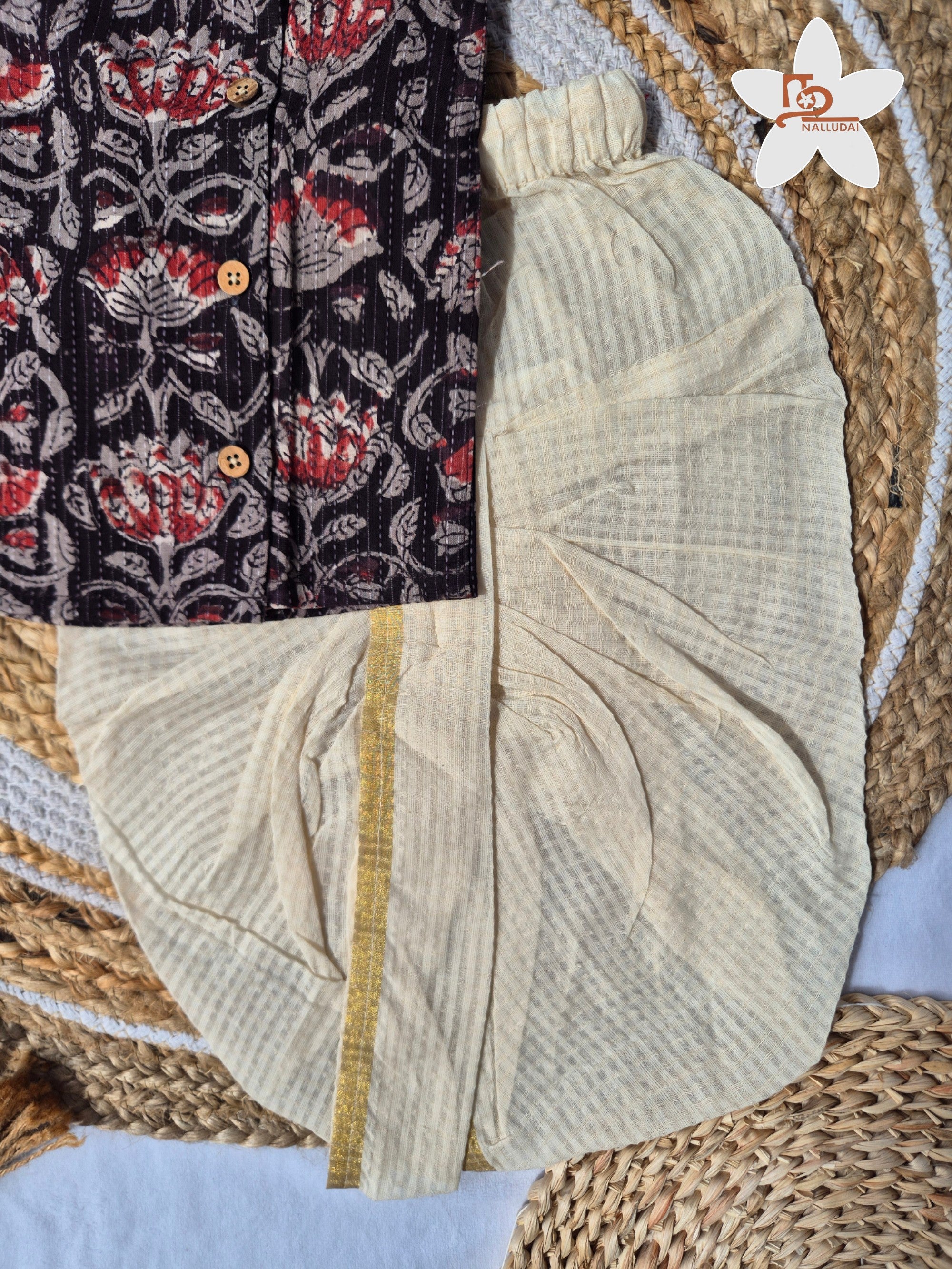 Graphite Bloom Kantha Cotton Dhoti set