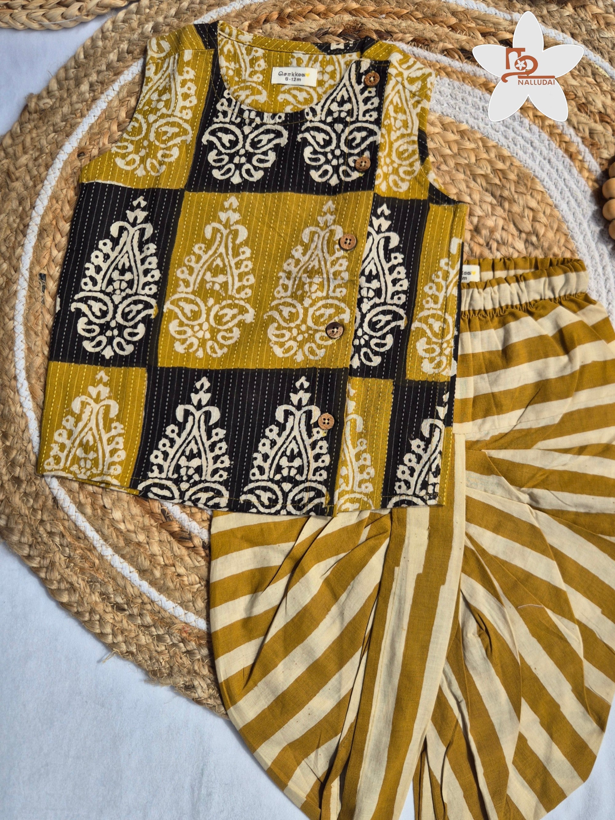 Mustard Paisley Kantha Cotton Dhoti set