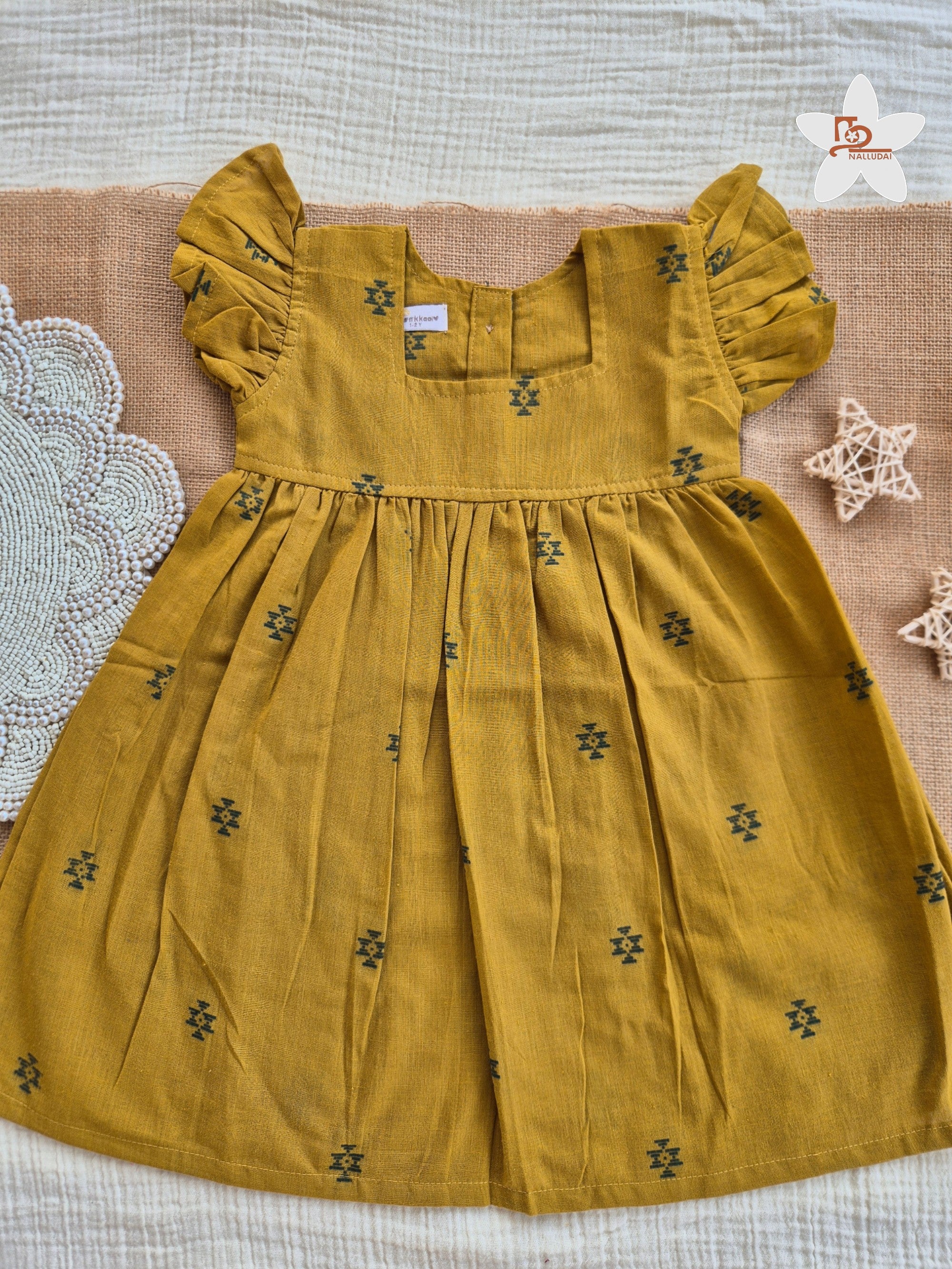 Mustard Grove Frill Sleeve Box Neck Frock