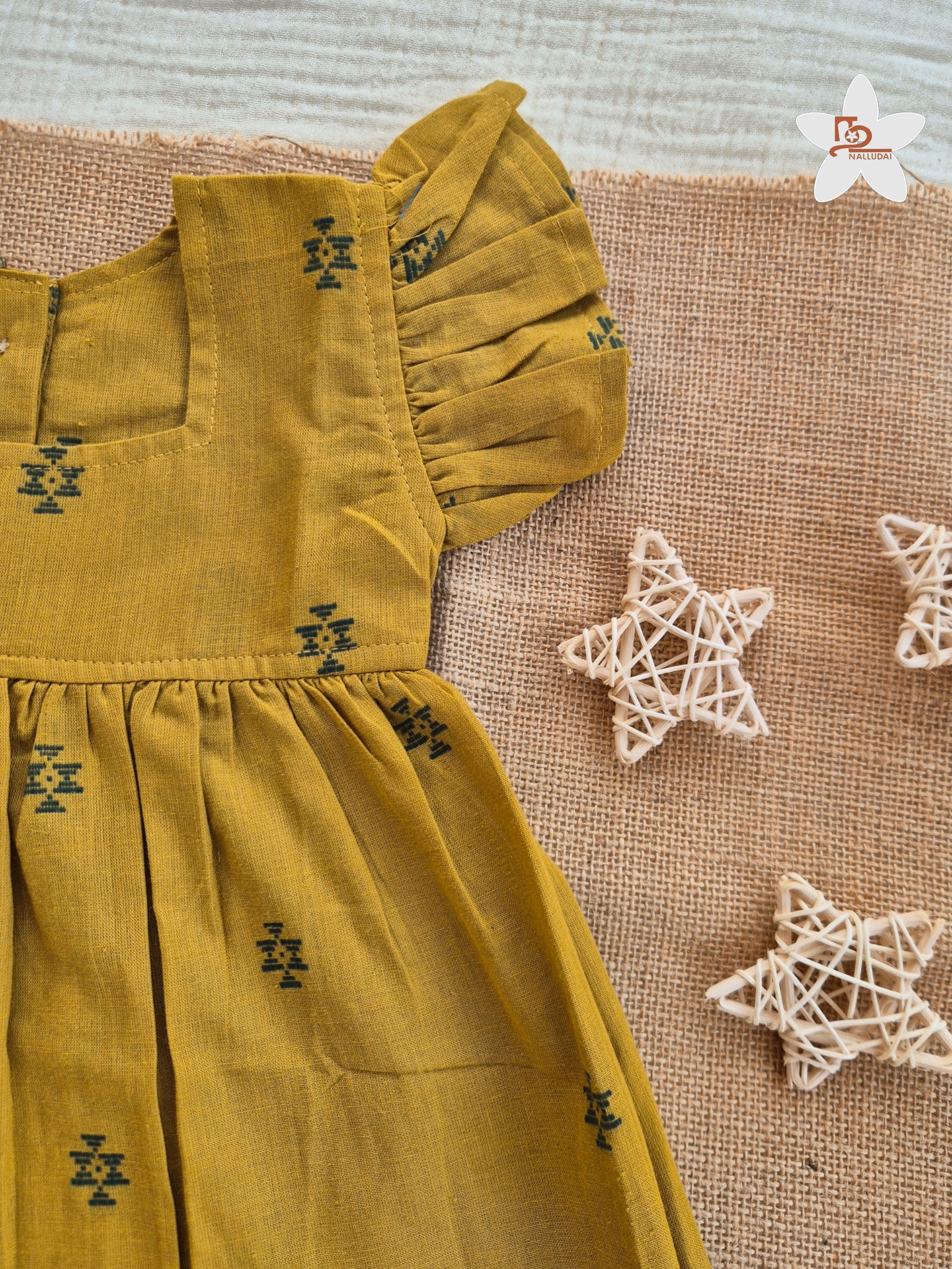 Mustard Grove Frill Sleeve Box Neck Frock