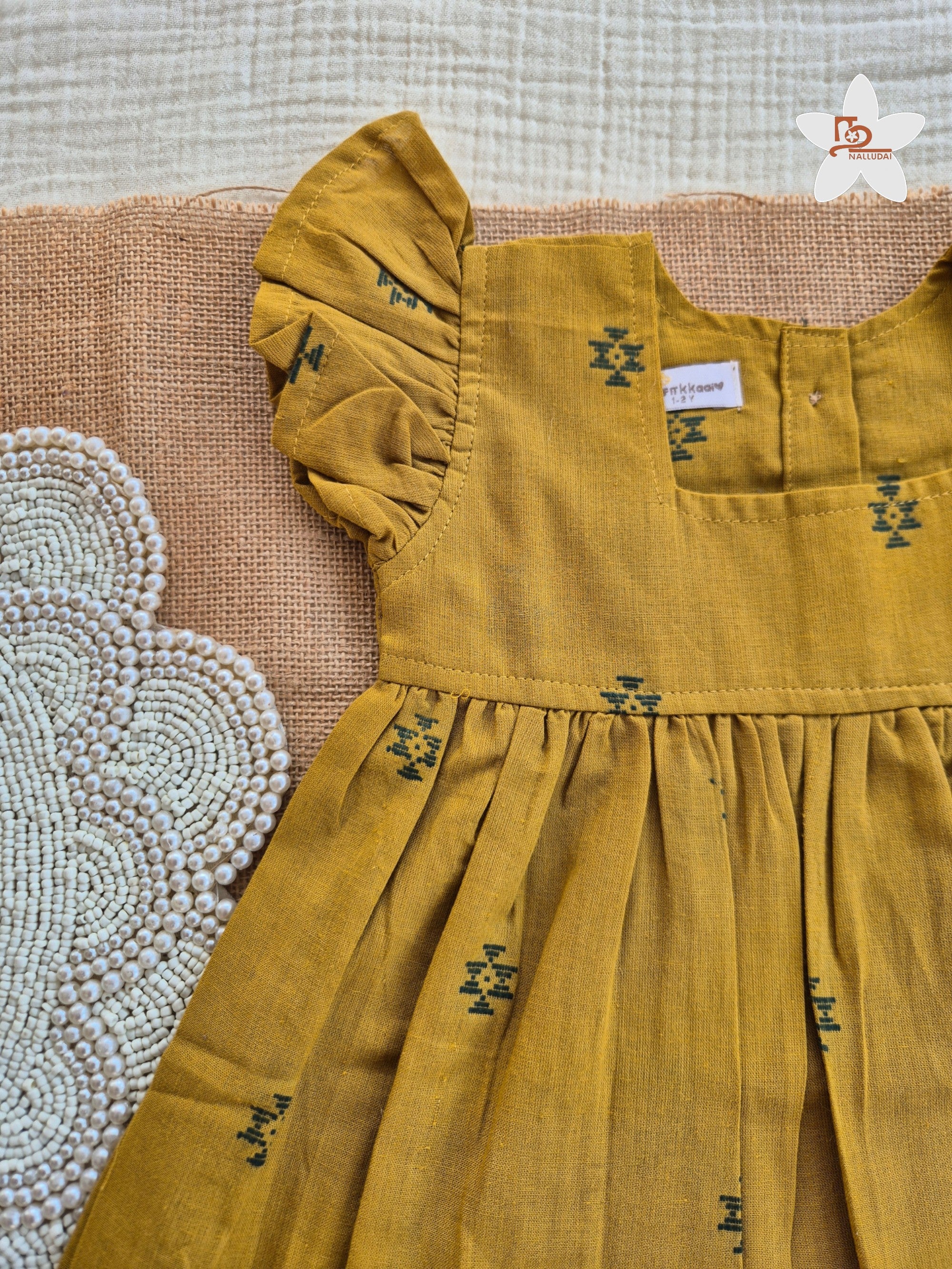 Mustard Grove Frill Sleeve Box Neck Frock