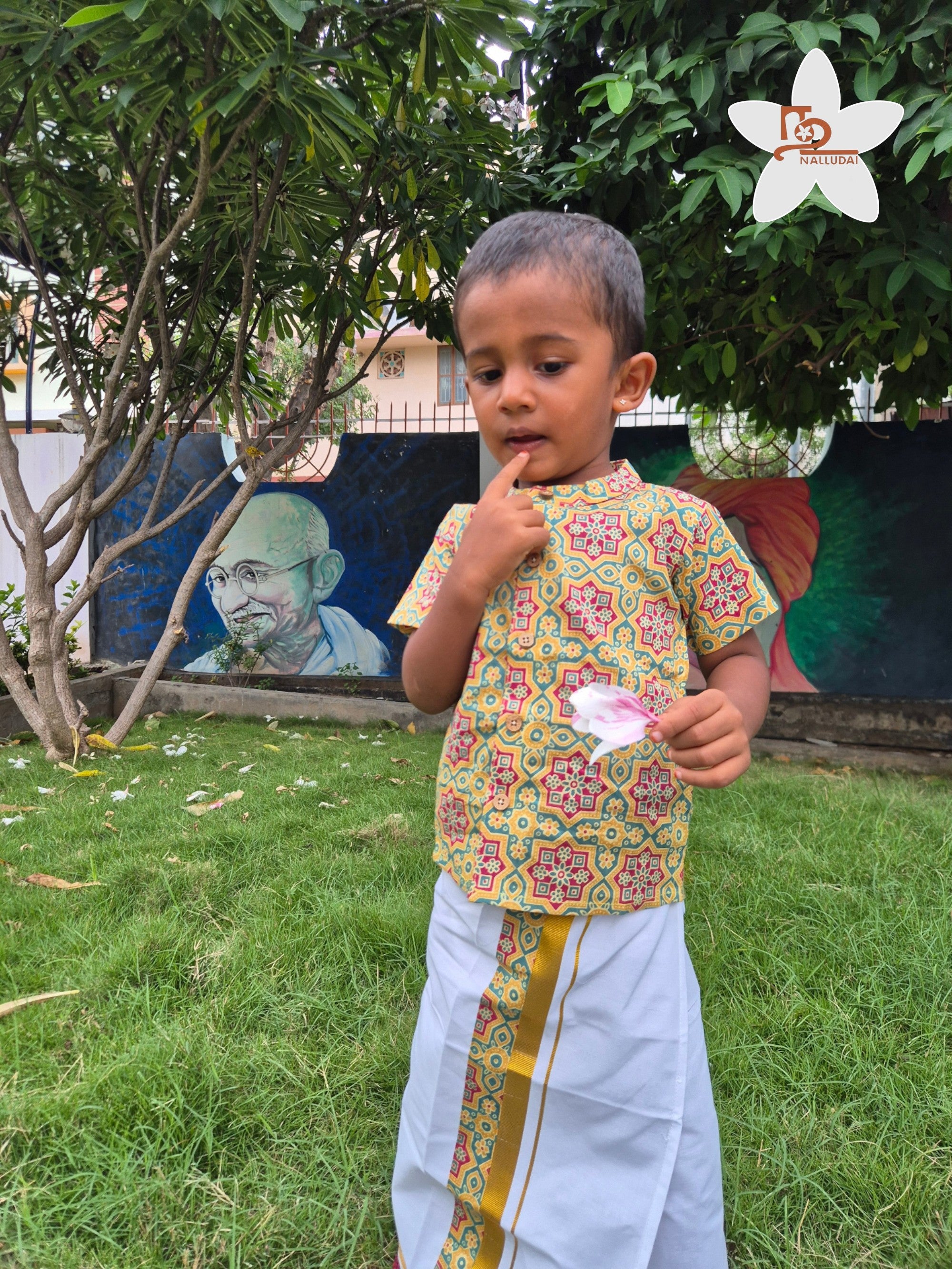 Lime & Green Heritage Geometric Mandarin Collar Shirt with Veshti