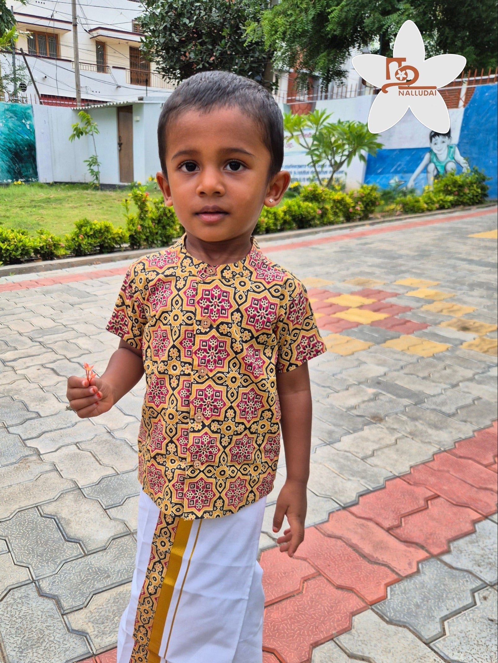 Yellow & Black Heritage Geometric Mandarin Collar Shirt with Veshti