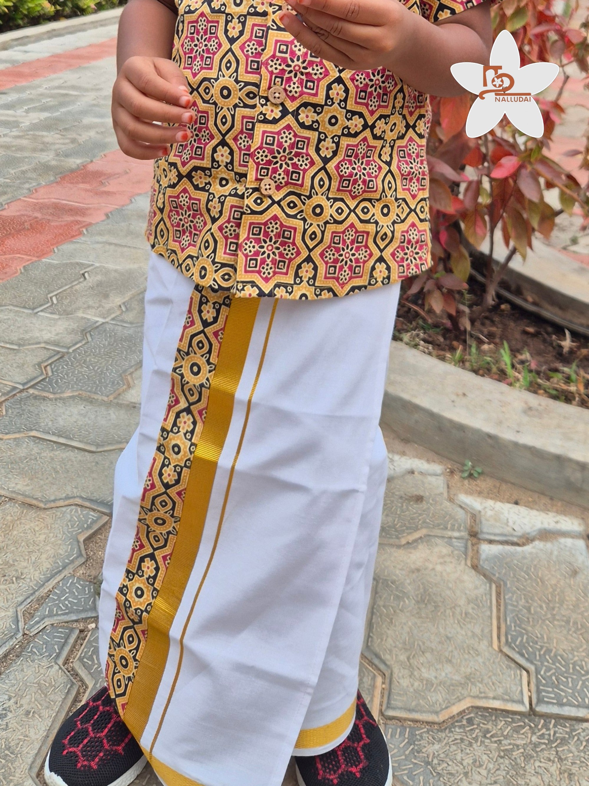 Yellow & Black Heritage Geometric Mandarin Collar Shirt with Veshti