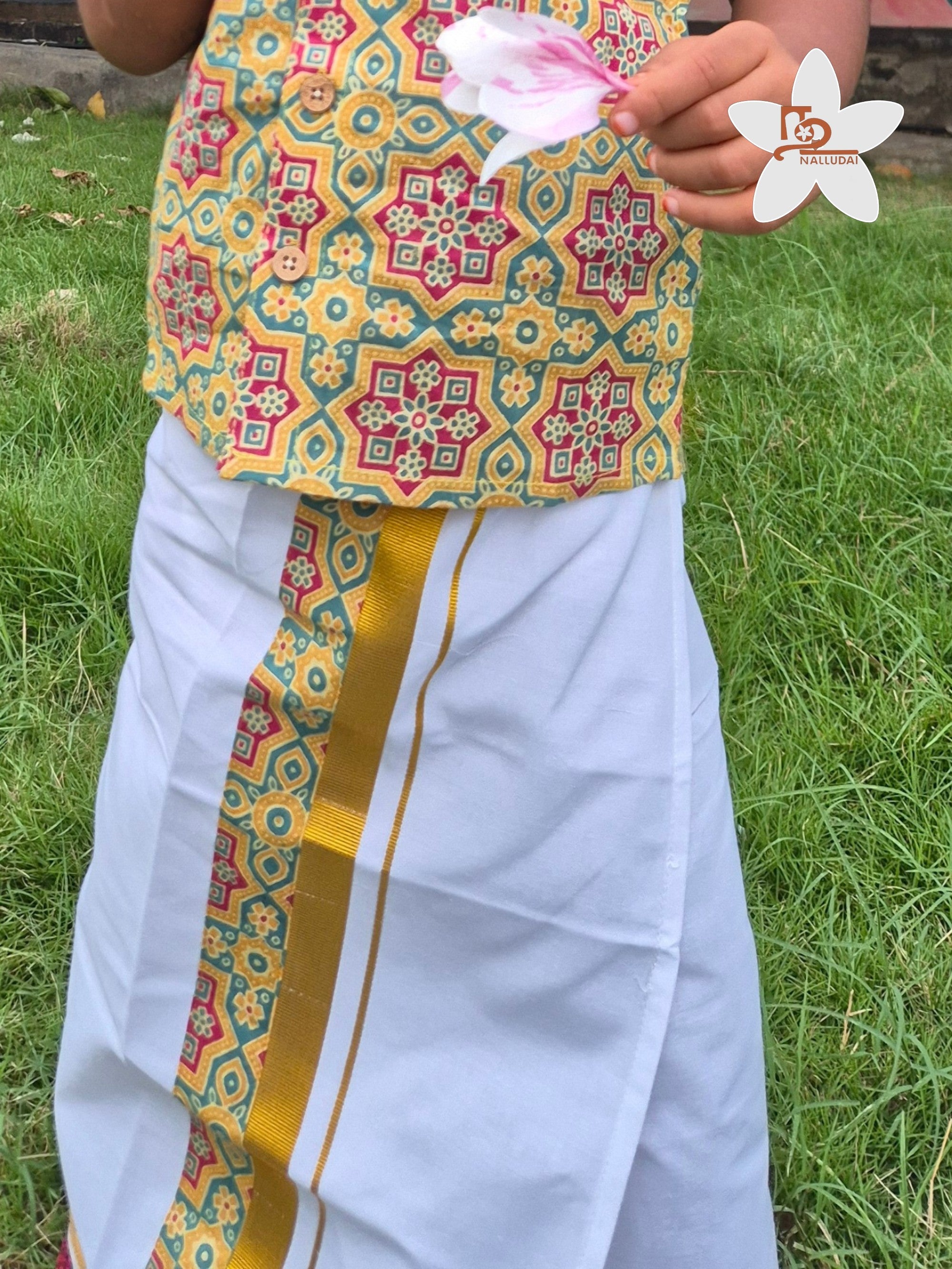 Lime & Green Heritage Geometric Mandarin Collar Shirt with Veshti