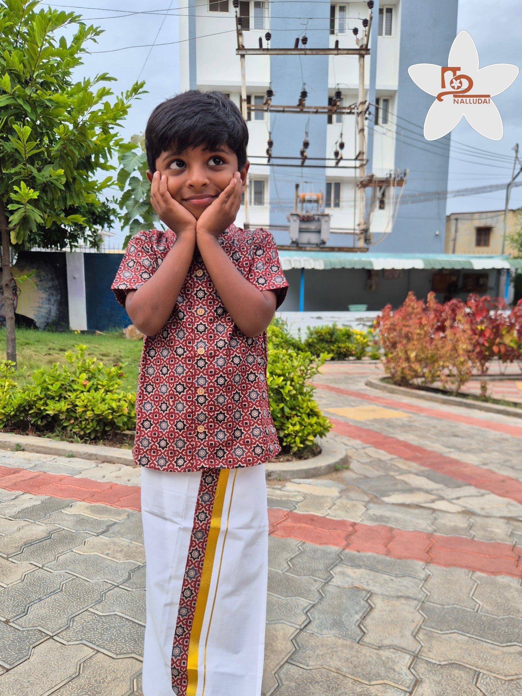 Maroon Heritage Geometric Mandarin Collar Shirt with Veshti