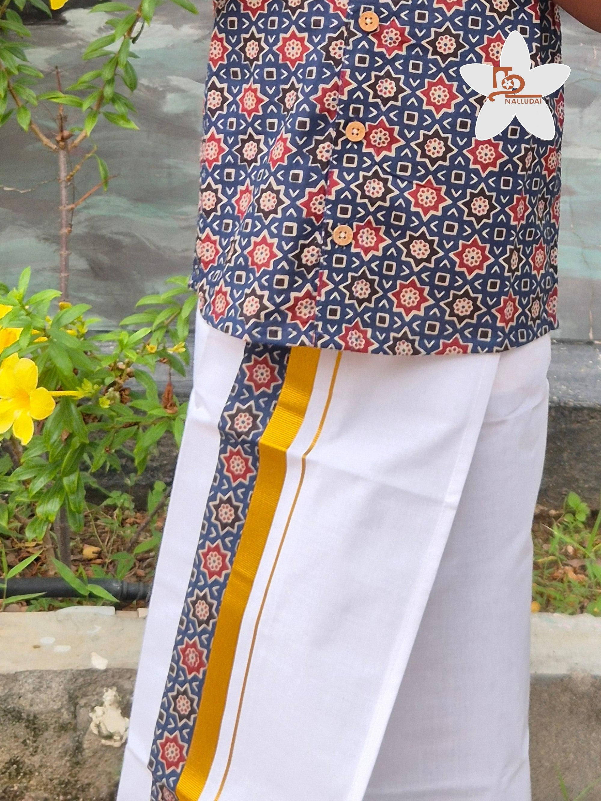 Blue Heritage Geometric Mandarin Collar Shirt with Veshti