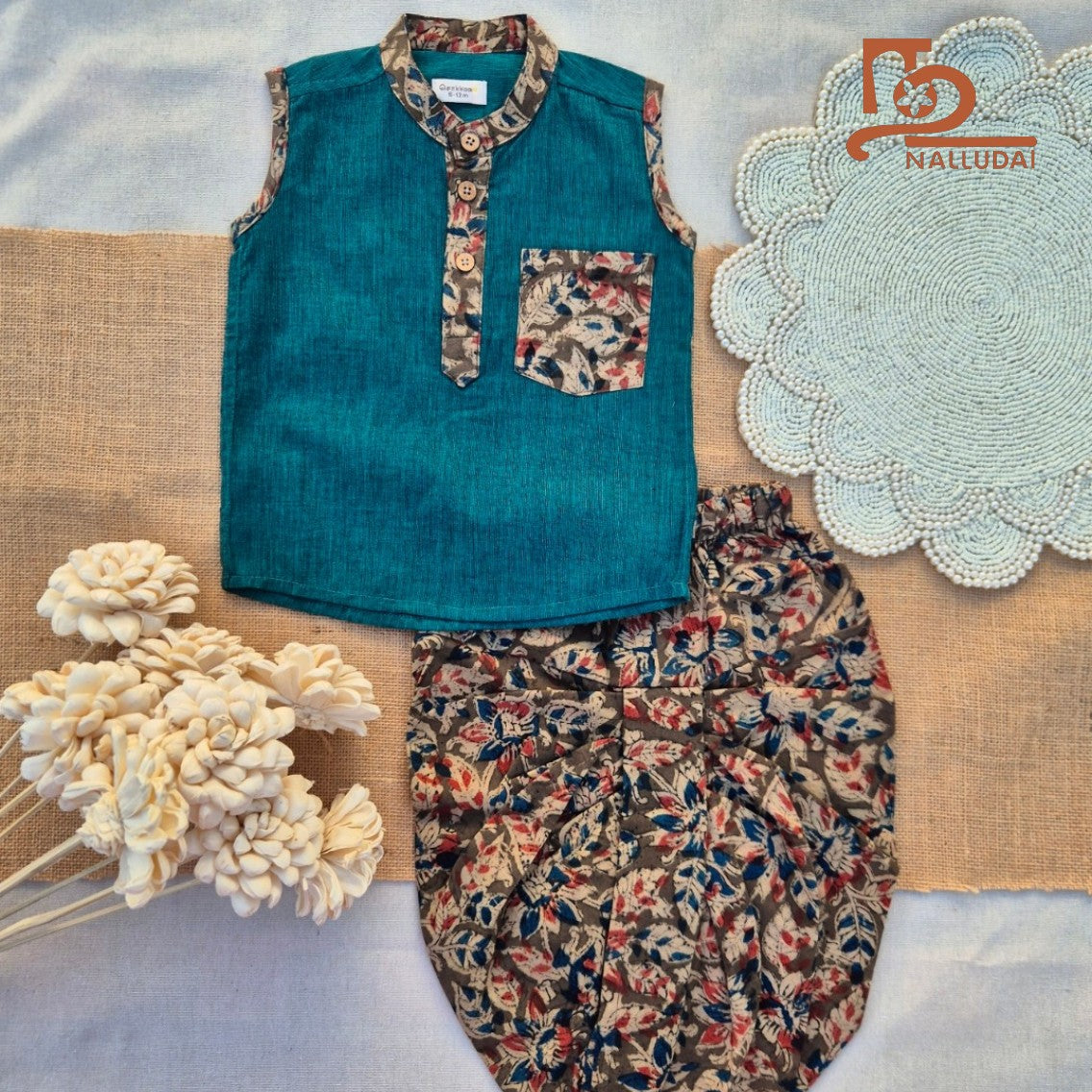 Kalamkari Teal Blossom Dhoti set