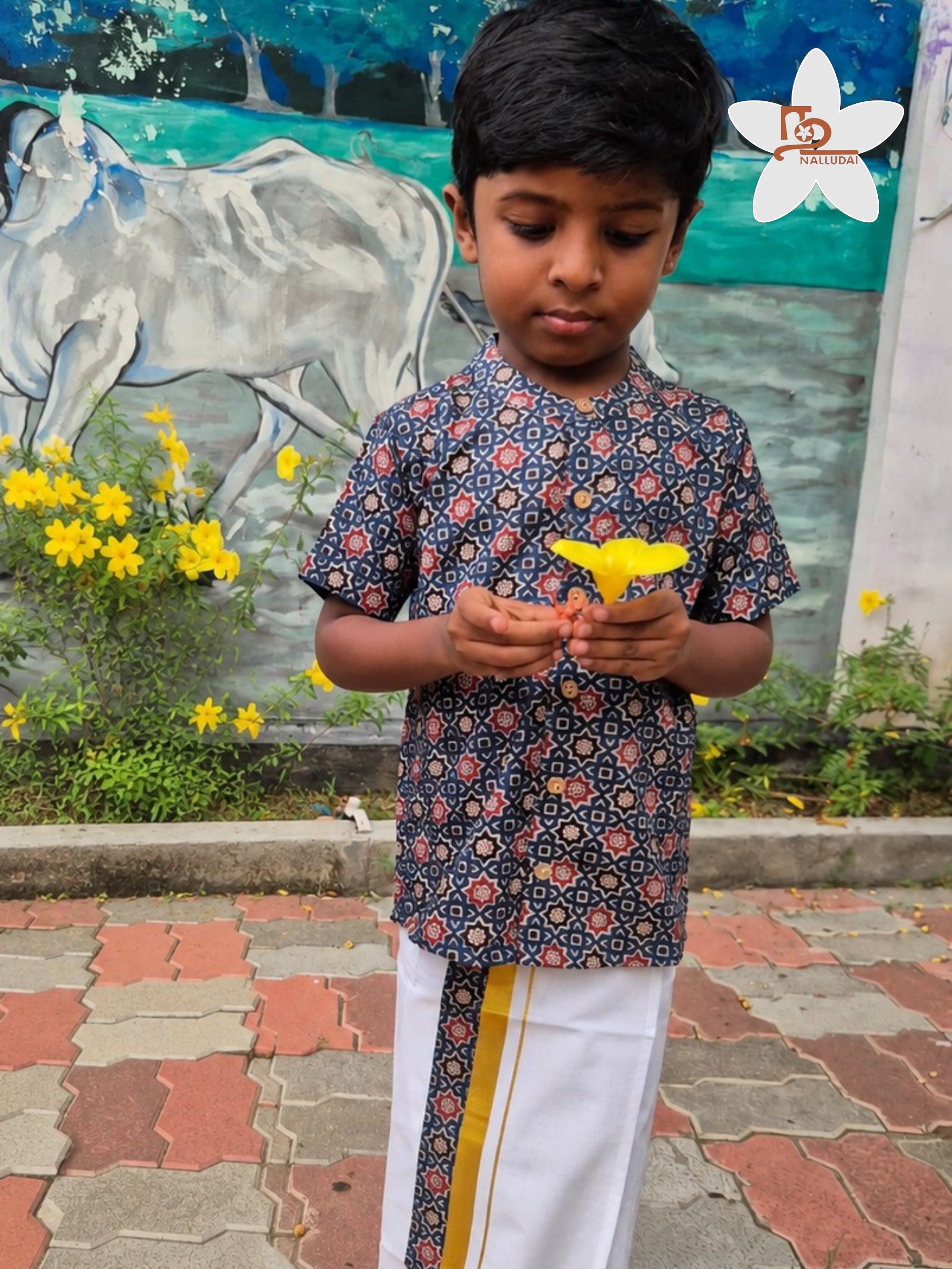 Blue Heritage Geometric Mandarin Collar Shirt with Veshti