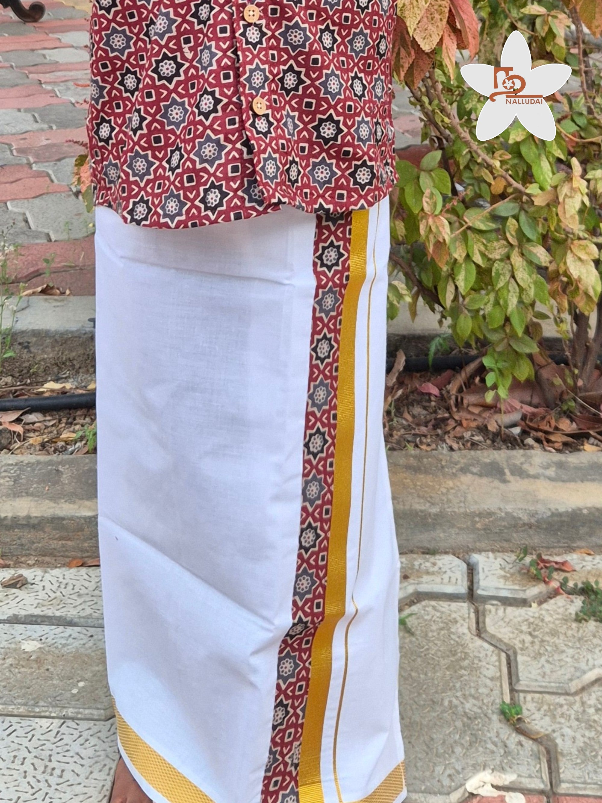 Maroon Heritage Geometric Mandarin Collar Shirt with Veshti