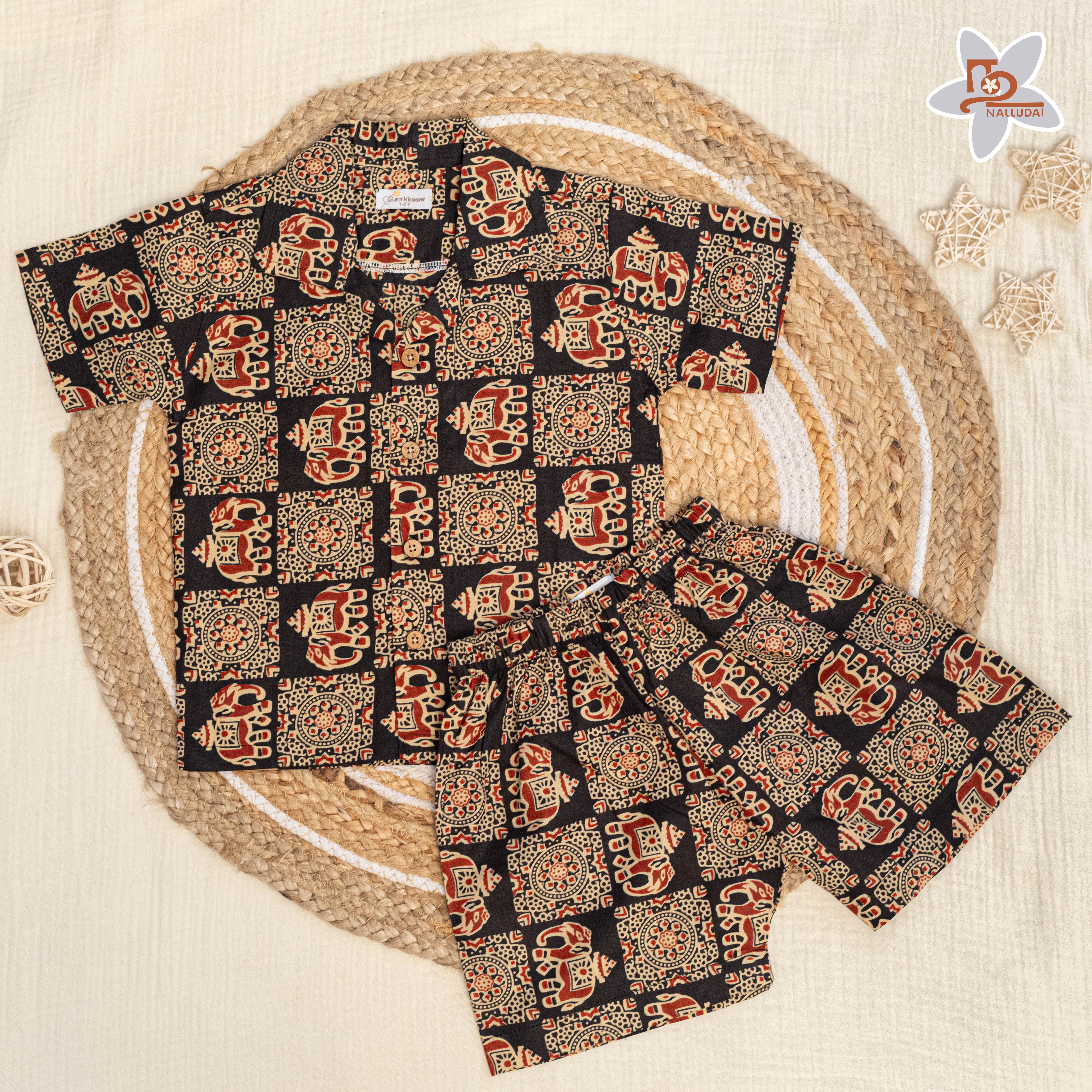 Black Folk Elephant Open Collar Co-Ord Set