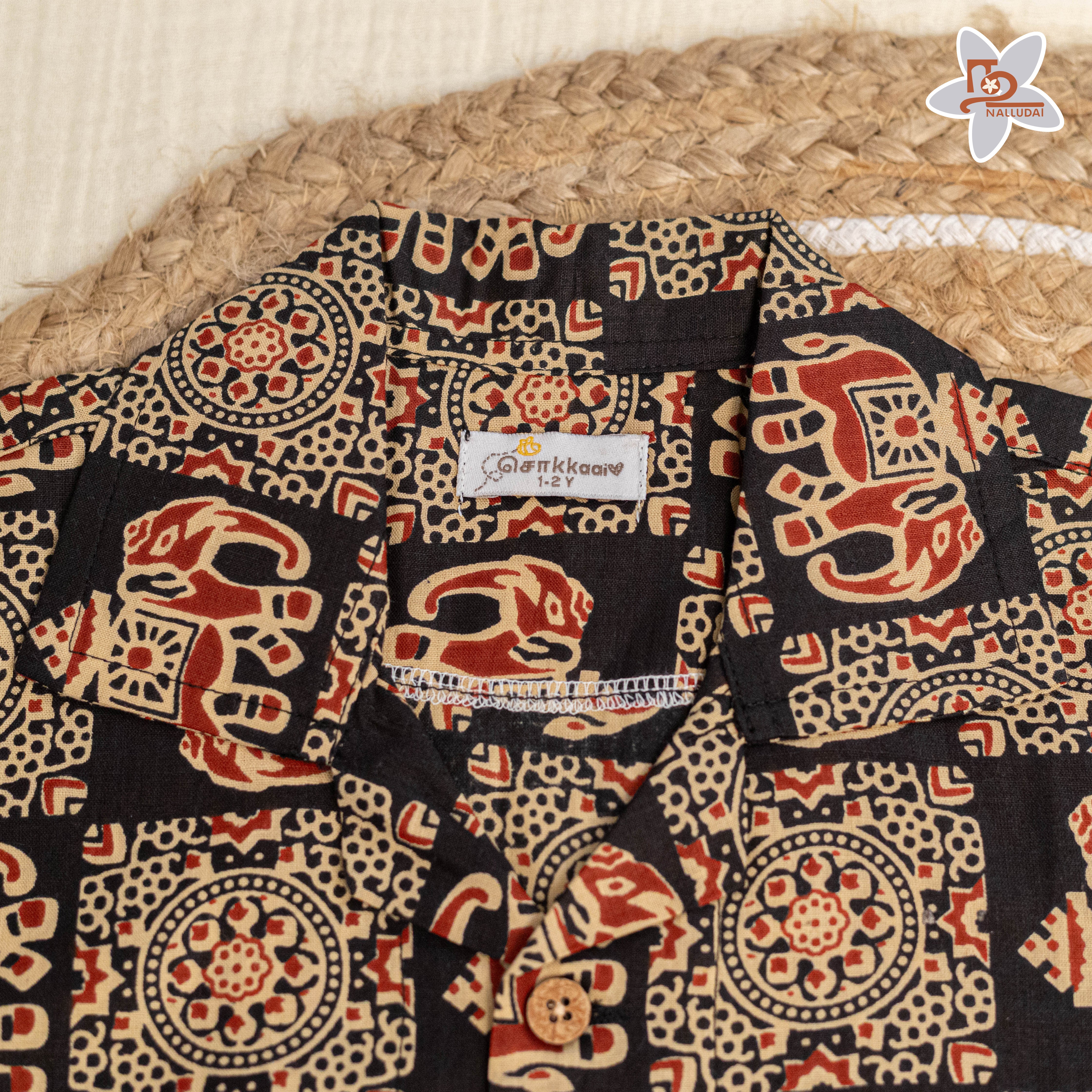 Black Folk Elephant Open Collar Co-Ord Set