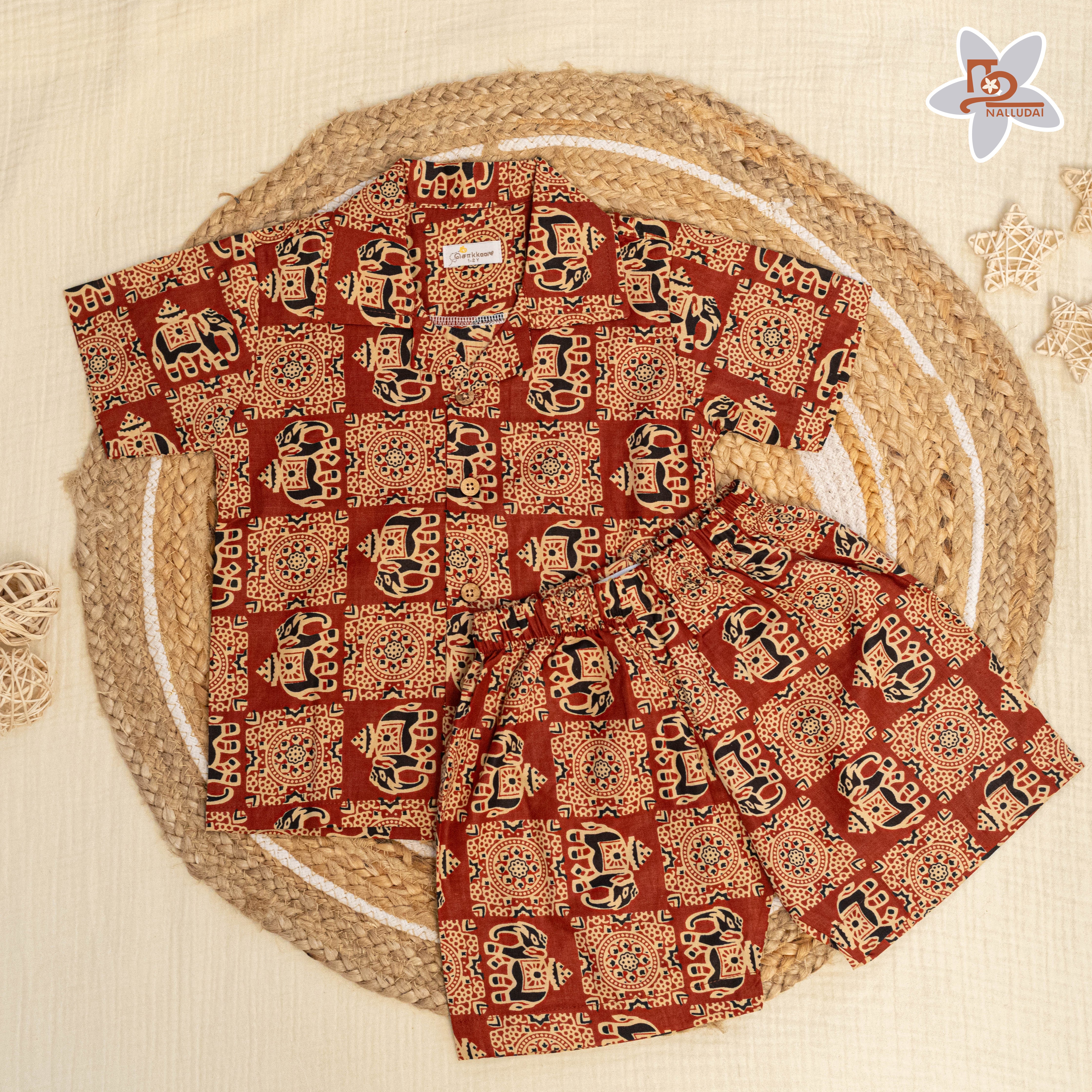 Brick Red Elephant Folk Open Collar Co-Ord Set