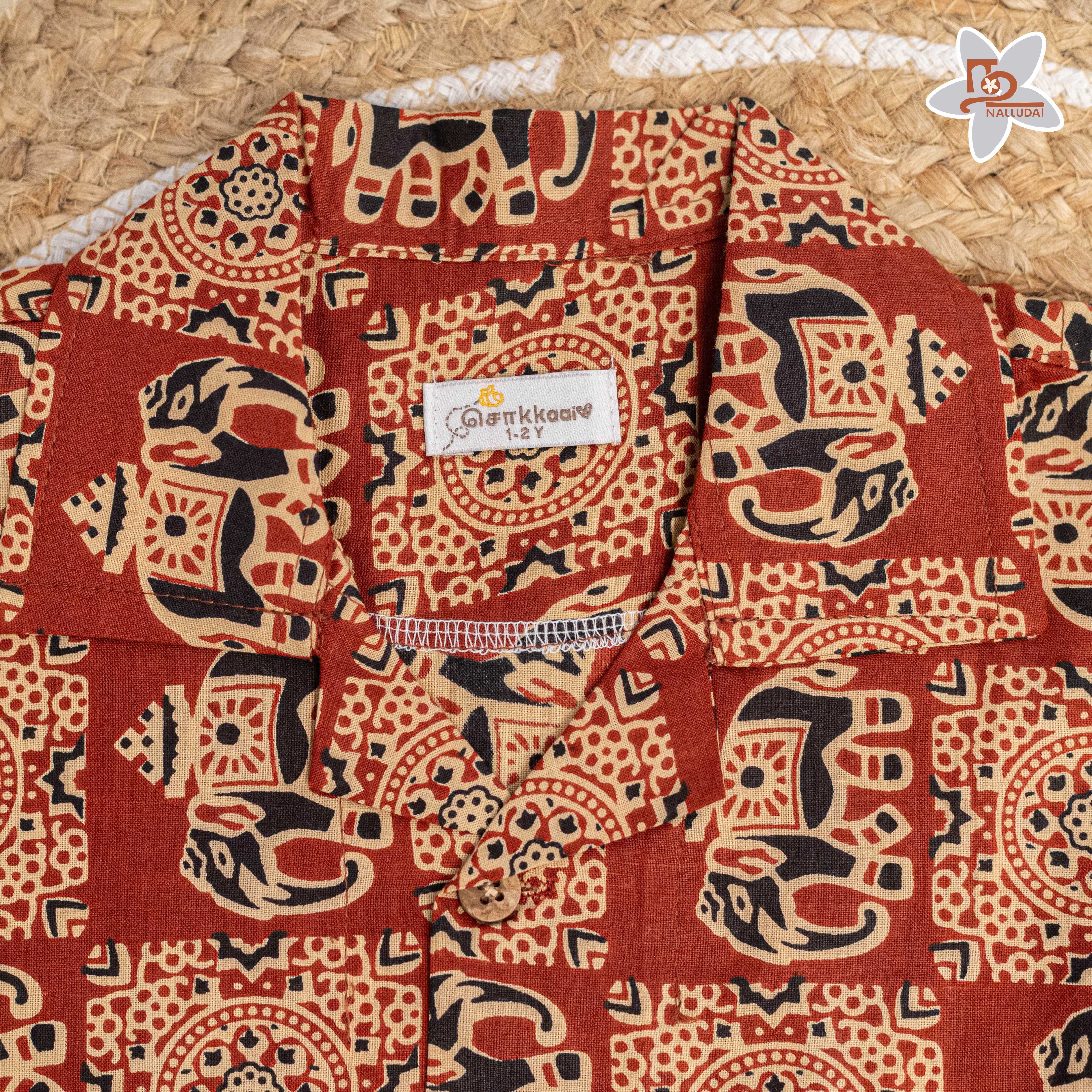 Brick Red Elephant Folk Open Collar Co-Ord Set