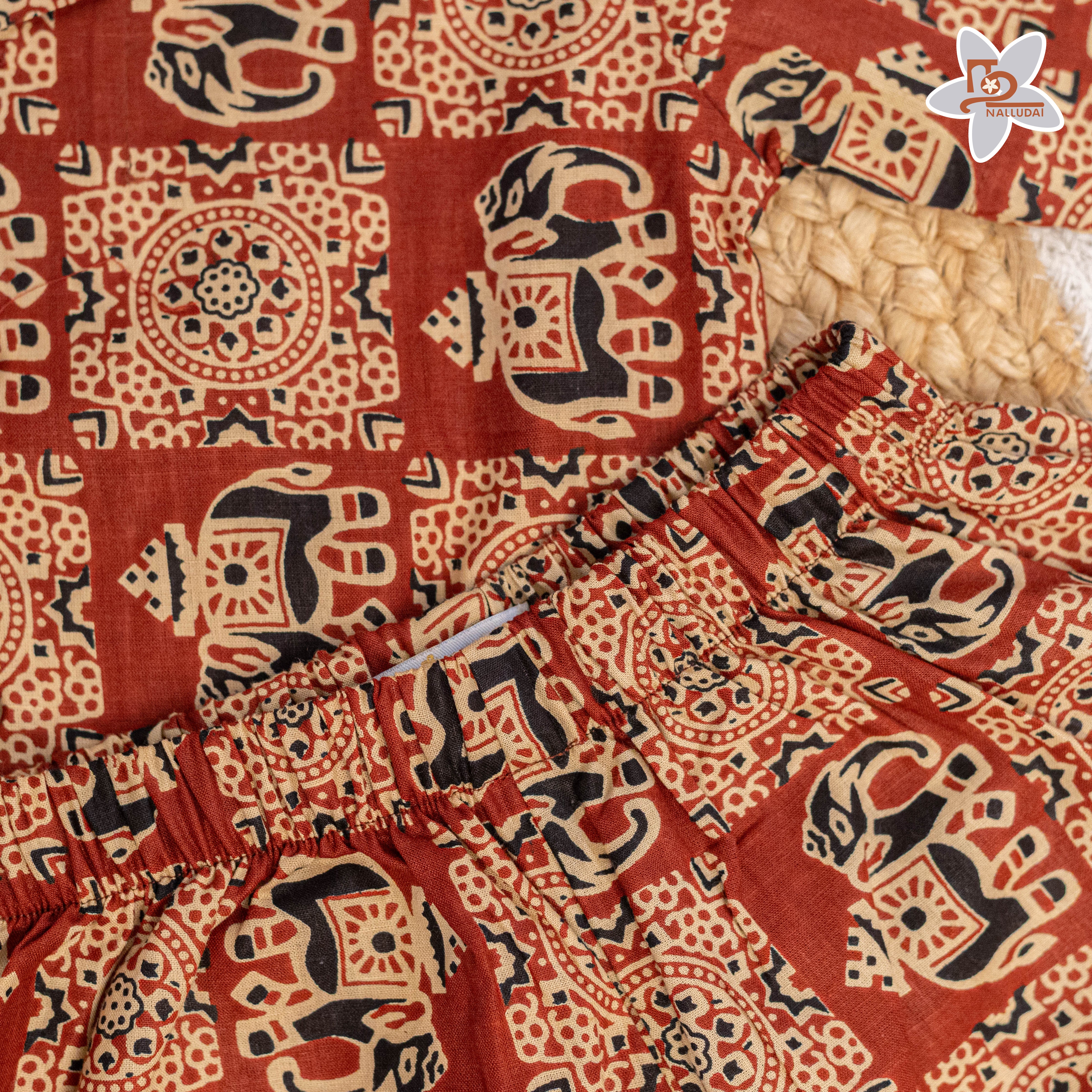Brick Red Elephant Folk Open Collar Co-Ord Set