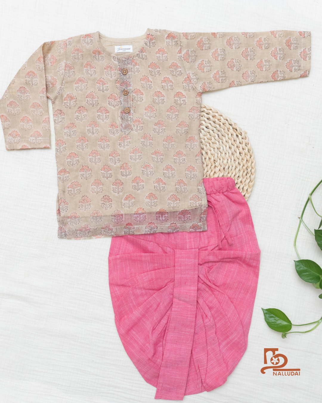 Misty Rosewood Kota Cotton & Handloom Dhoti Set