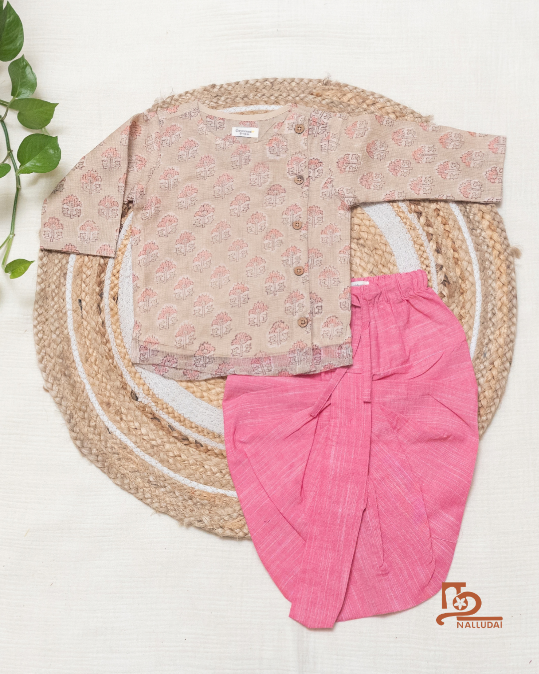 Misty Rosewood Kota Cotton & Handloom Side Button Dhoti Set