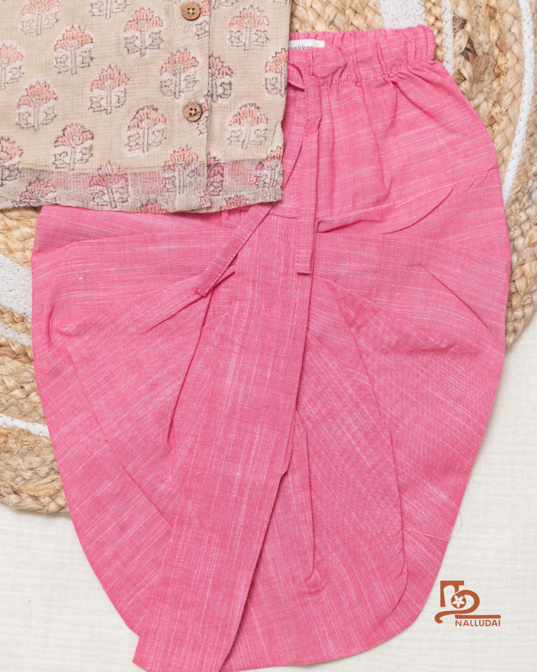 Misty Rosewood Kota Cotton & Handloom Side Button Dhoti Set