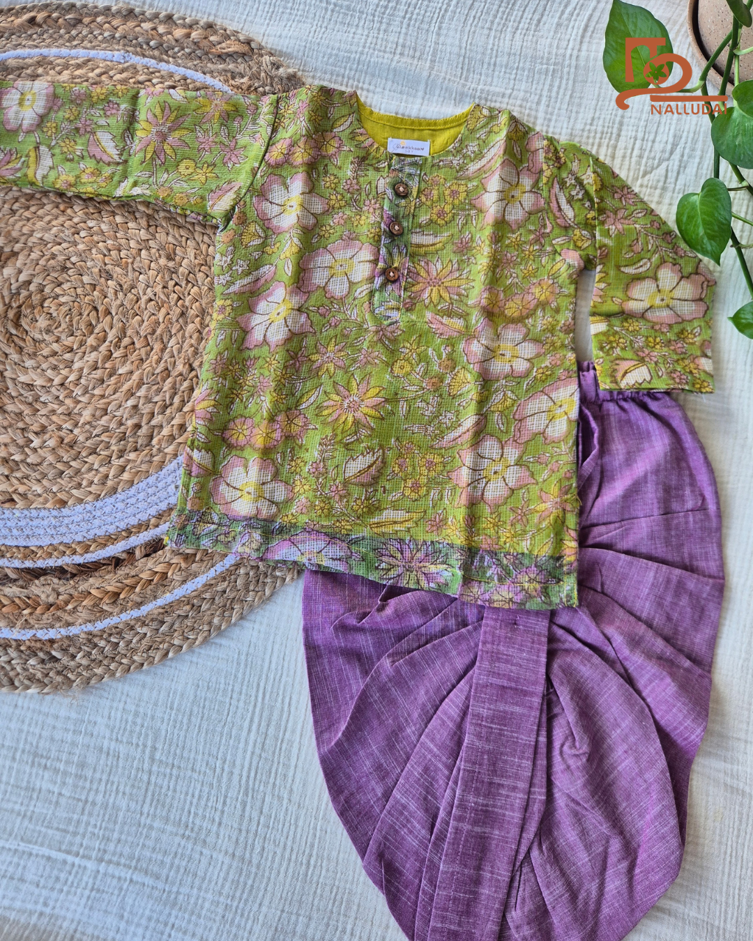 Spring Meadow Floral Kota Cotton & Handloom Dhoti Set