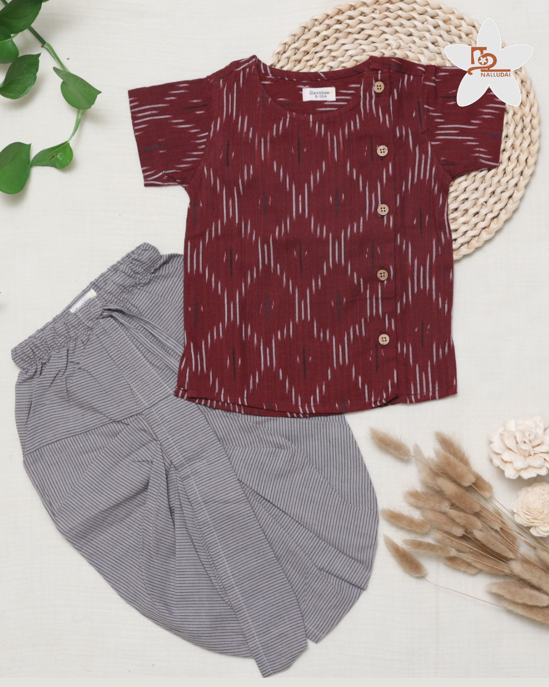Wine Maroon & Grey Ikat Cotton Dhoti set