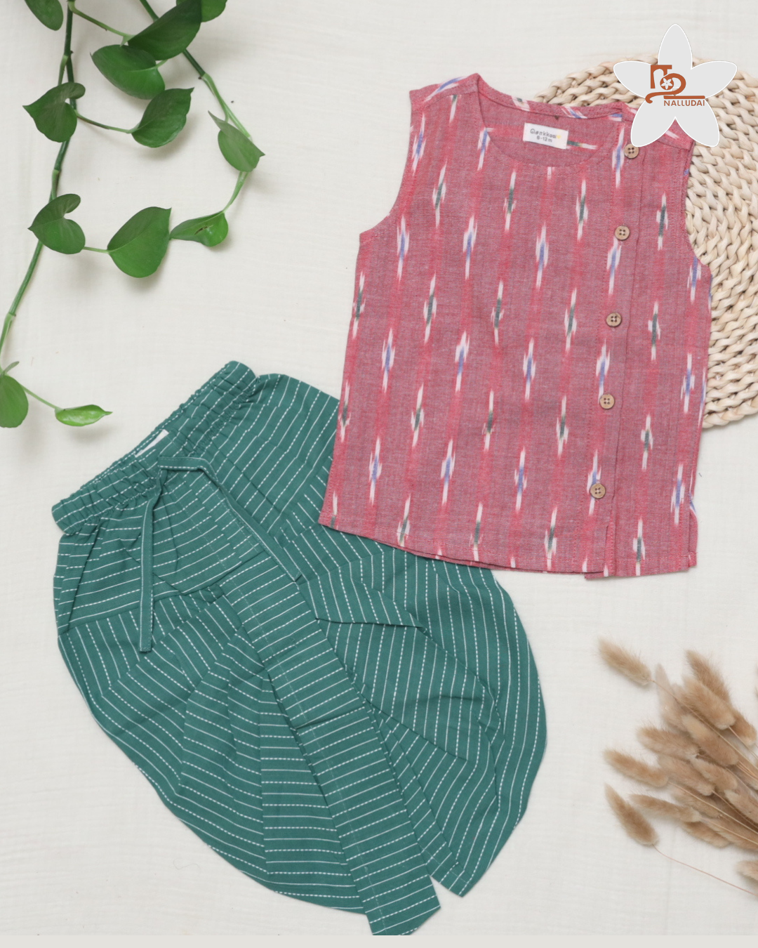 Dusty Rose & Muted Green Ikat Cotton Dhoti set