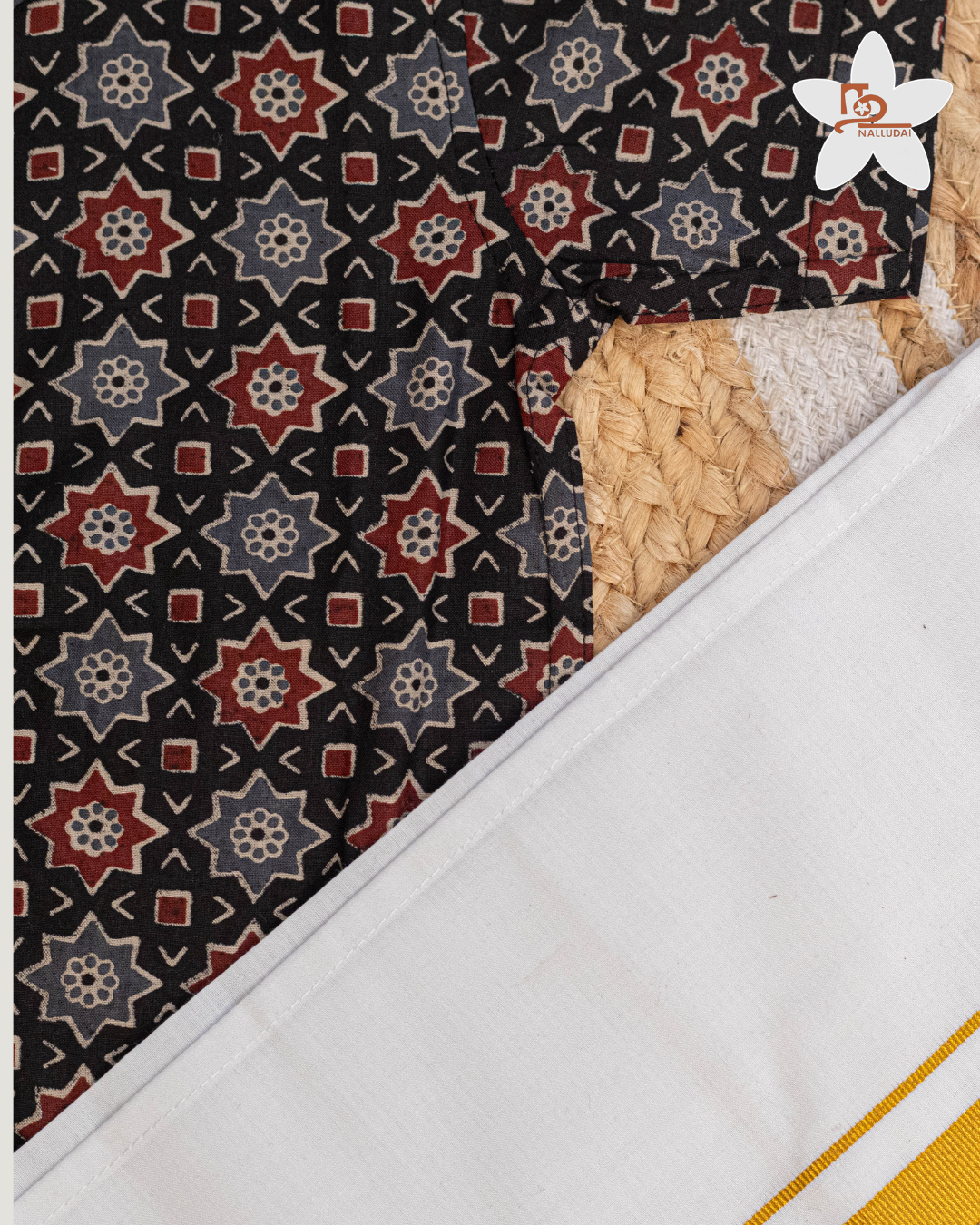 Black Heritage Geometric Mandarin Collar Shirt with Veshti