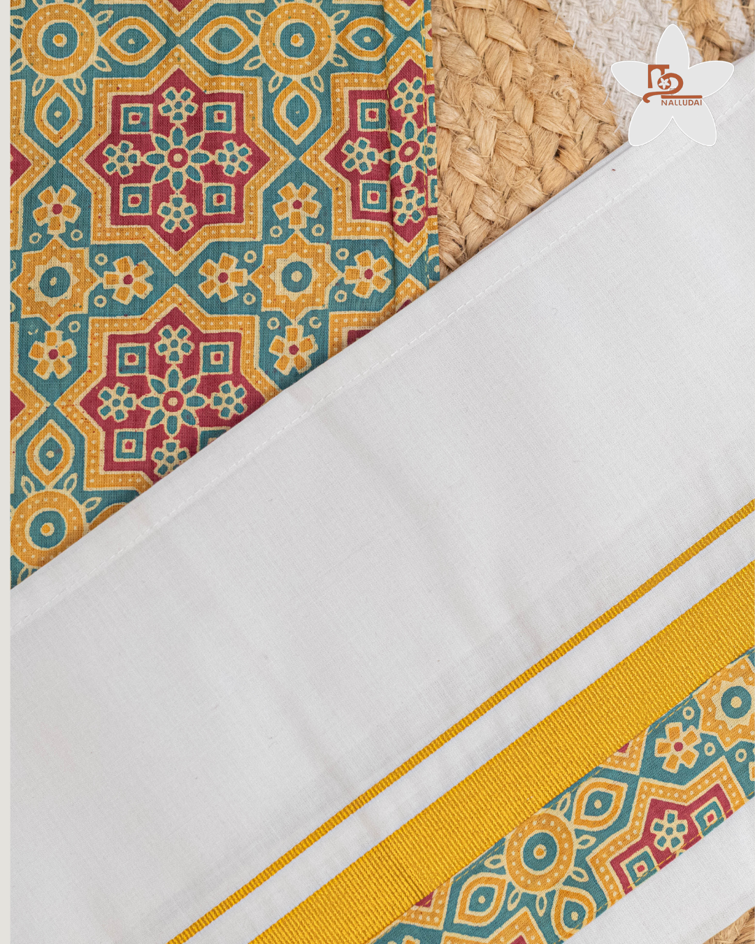 Lime & Green Heritage Geometric Mandarin Collar Shirt with Veshti