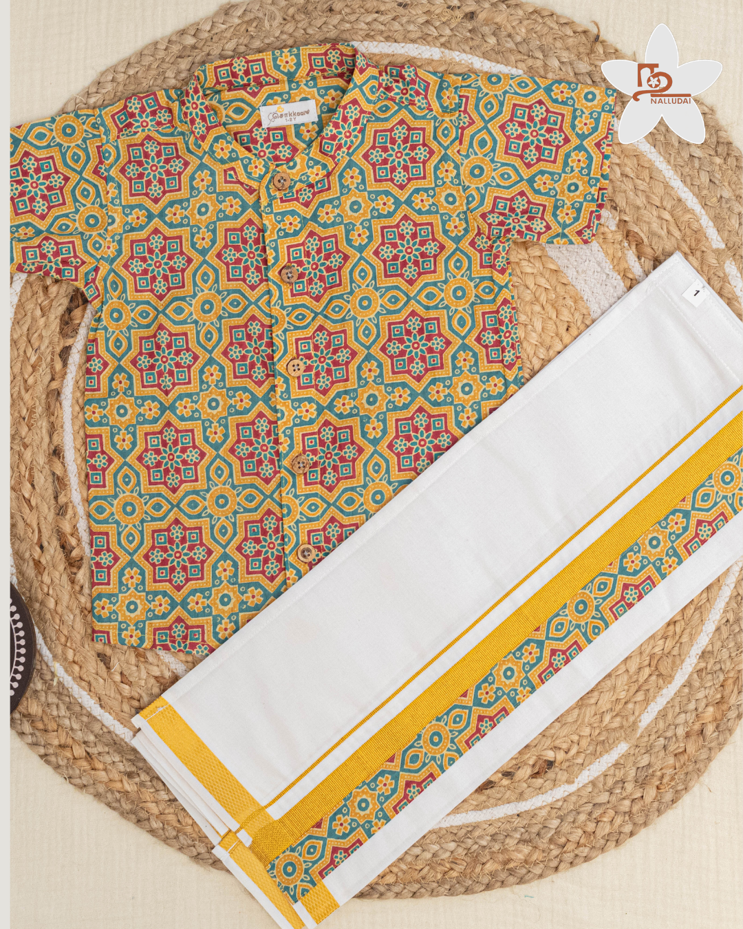 Lime & Green Heritage Geometric Mandarin Collar Shirt with Veshti
