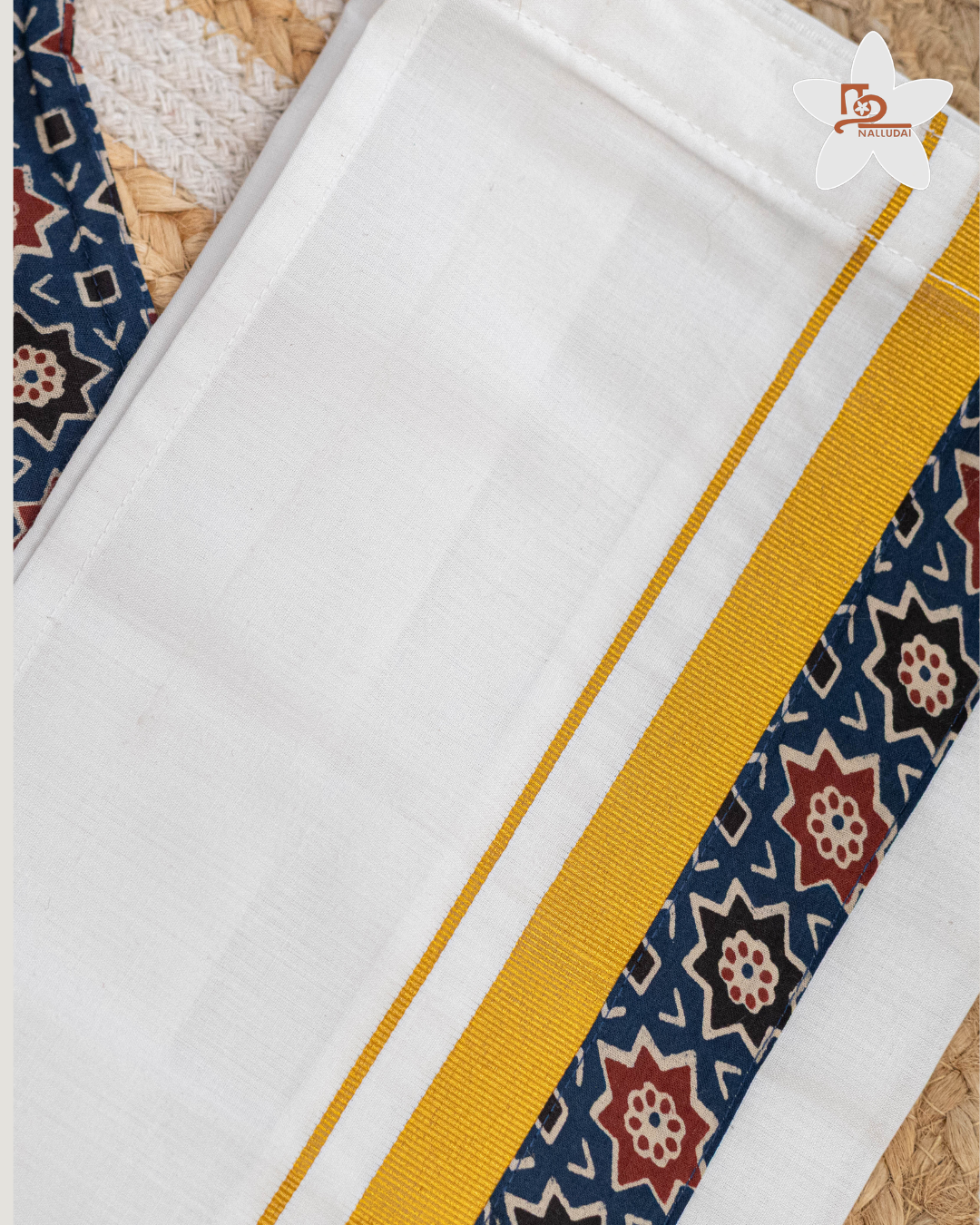 Blue Heritage Geometric Mandarin Collar Shirt with Veshti