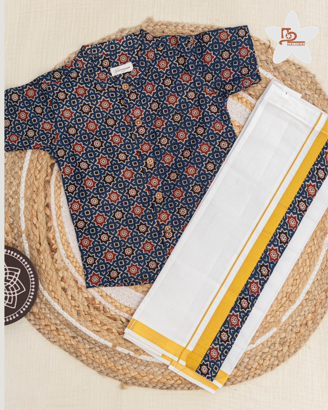 Blue Heritage Geometric Mandarin Collar Shirt with Veshti