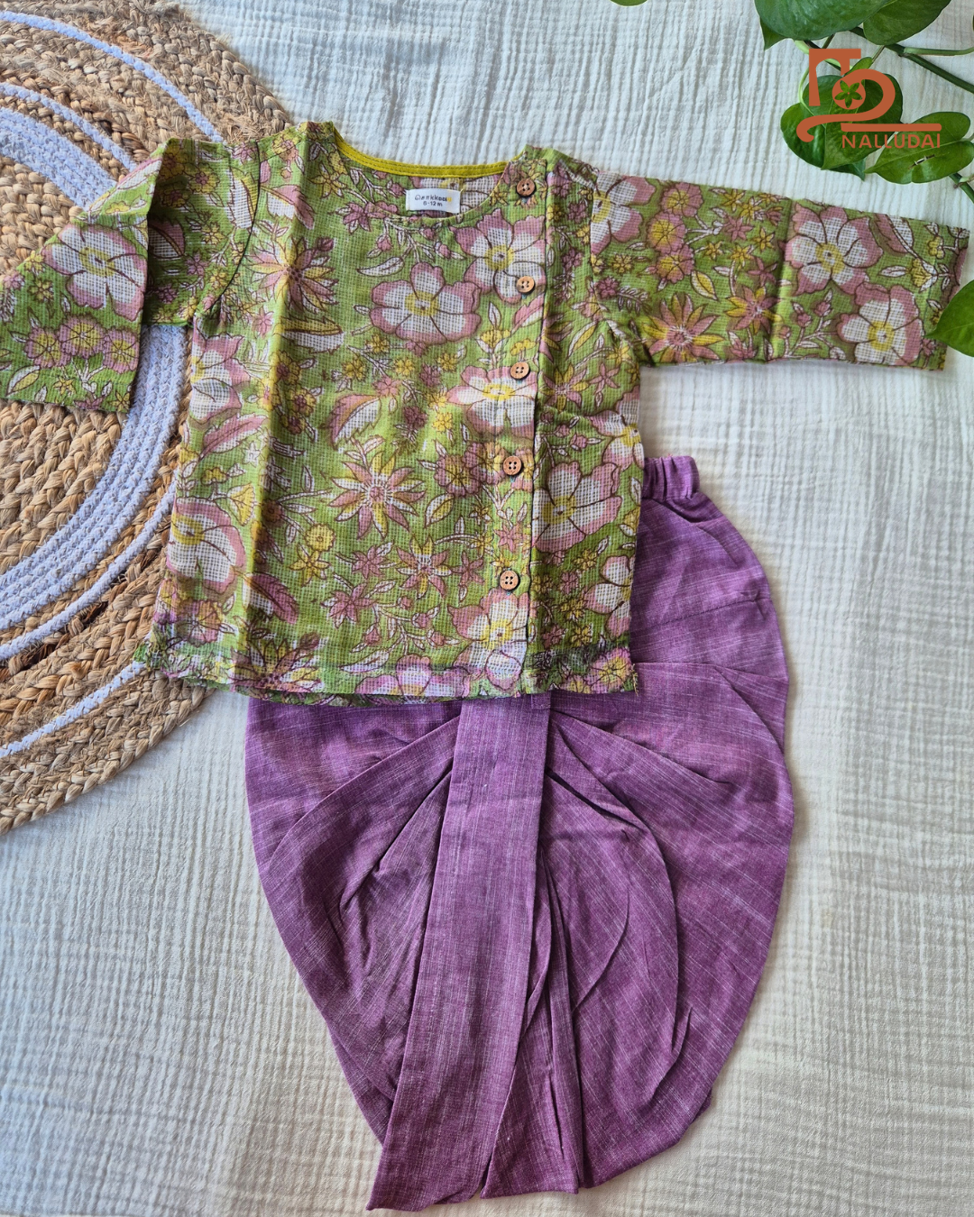 Spring Meadow Floral Side Button Kota Cotton & Handloom Dhoti Set