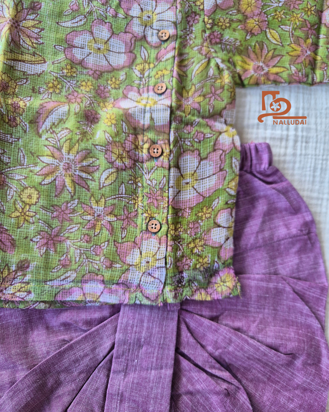 Spring Meadow Floral Side Button Kota Cotton & Handloom Dhoti Set
