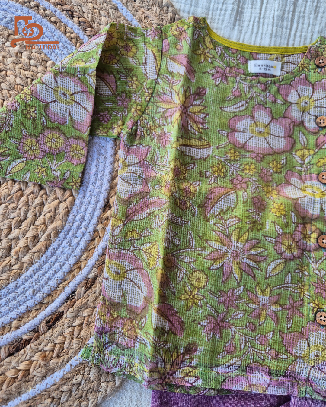 Spring Meadow Floral Side Button Kota Cotton & Handloom Dhoti Set