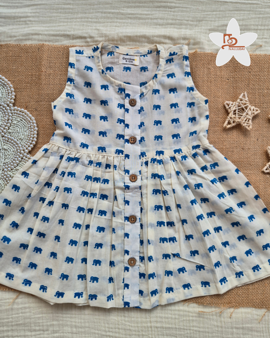 Little Blue Elephant Centre Button Girl Frock