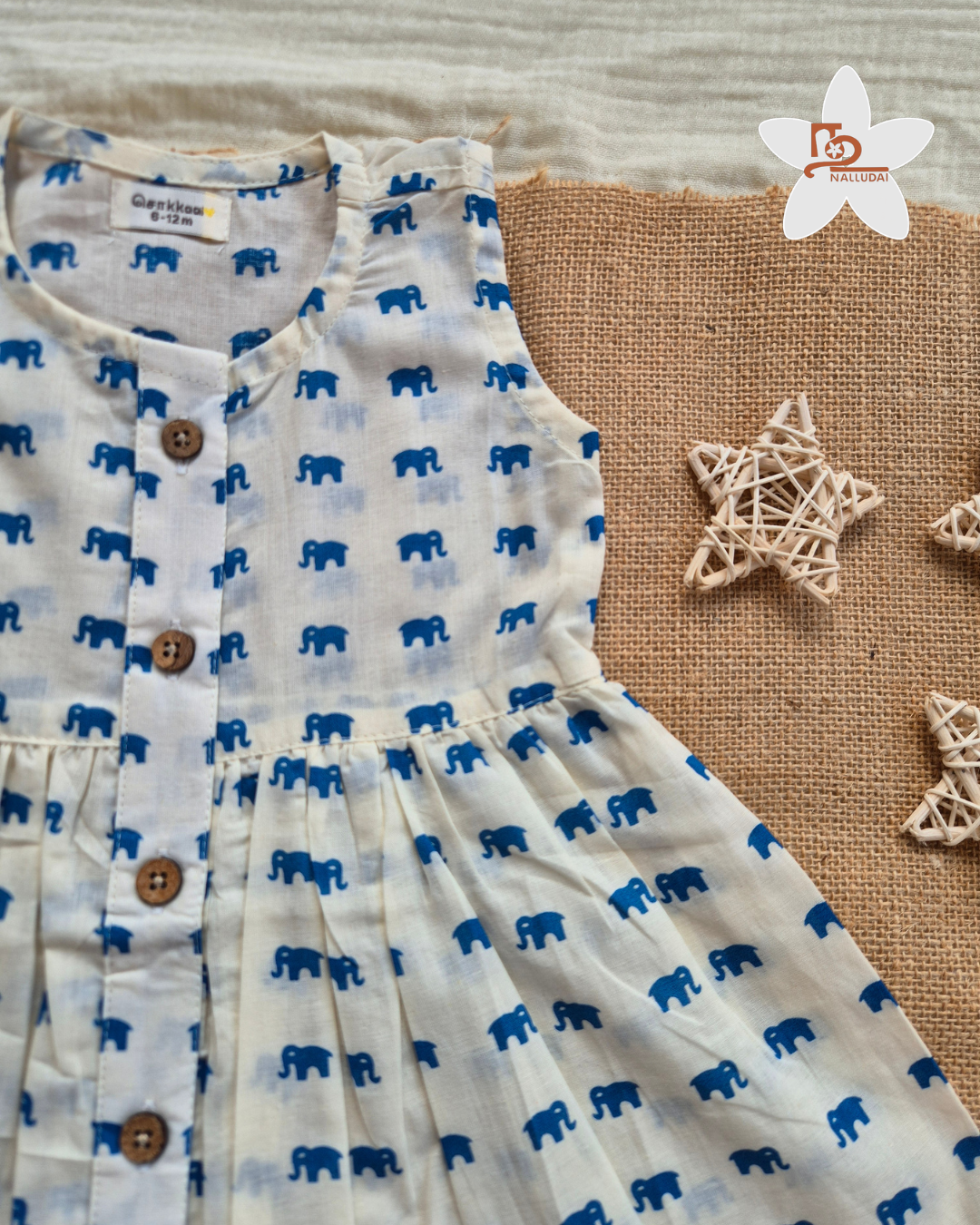Little Blue Elephant Centre Button Girl Frock
