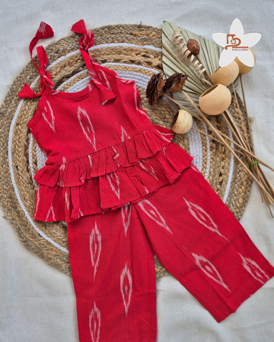 Cherry Red Ikat Frill Top with Palazzo Pants Co-ord set