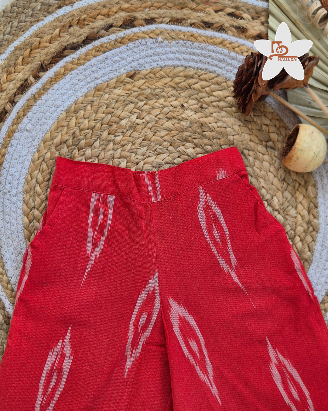 Cherry Red Ikat Frill Top with Palazzo Pants Co-ord set