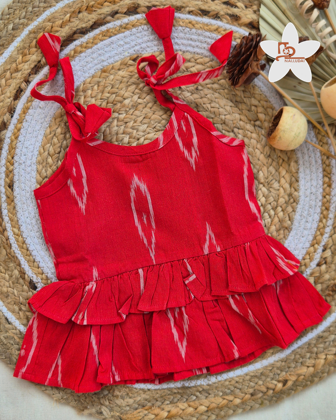 Cherry Red Ikat Frill Top with Palazzo Pants Co-ord set