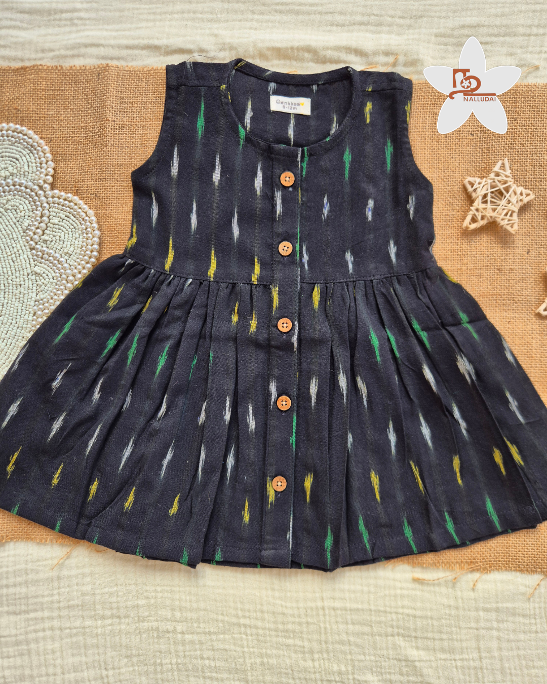 Black Ikkat Centre Button Girl Frock