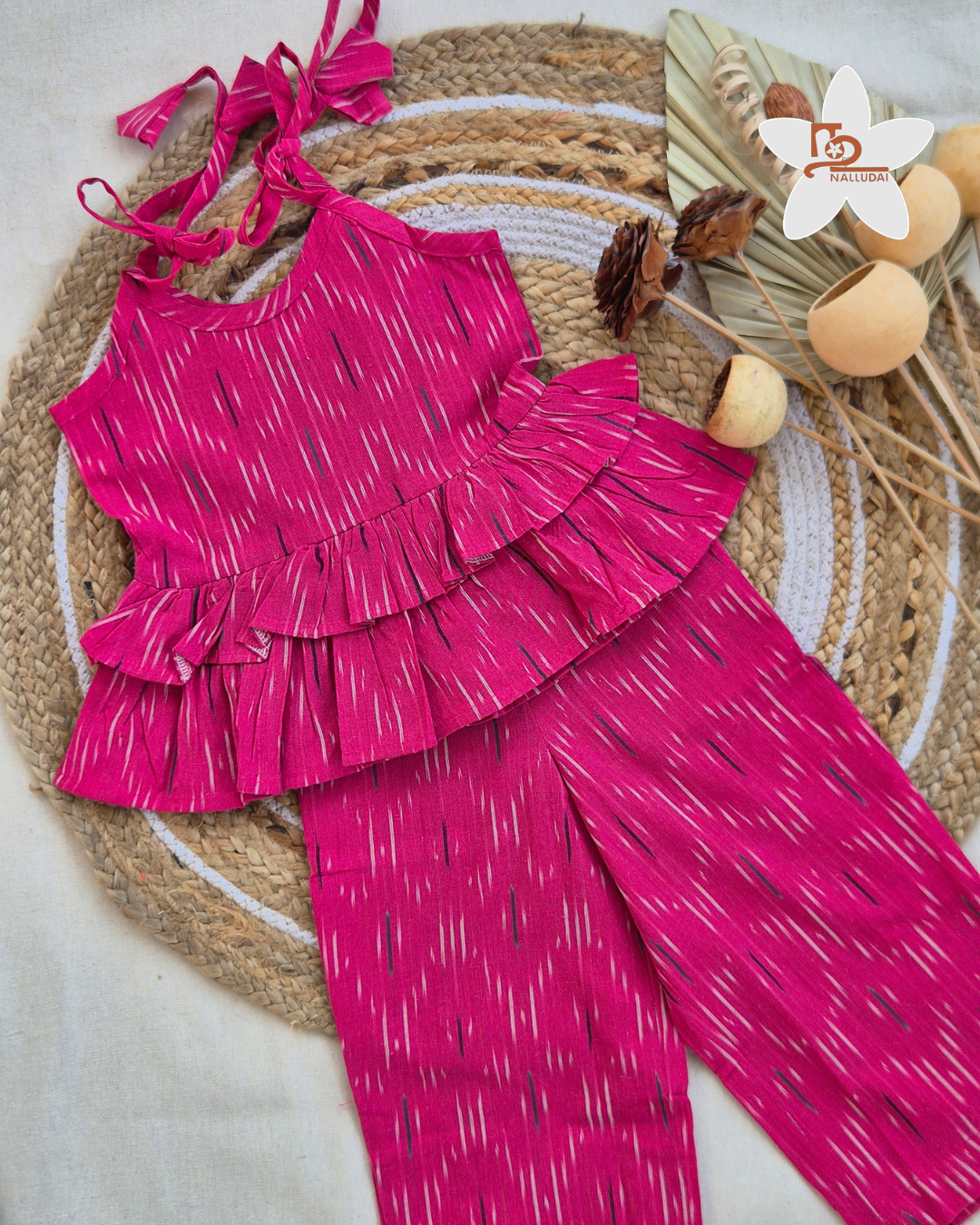 Blush Pink Ikat Frill Top with Palazzo Pants Co-ord set