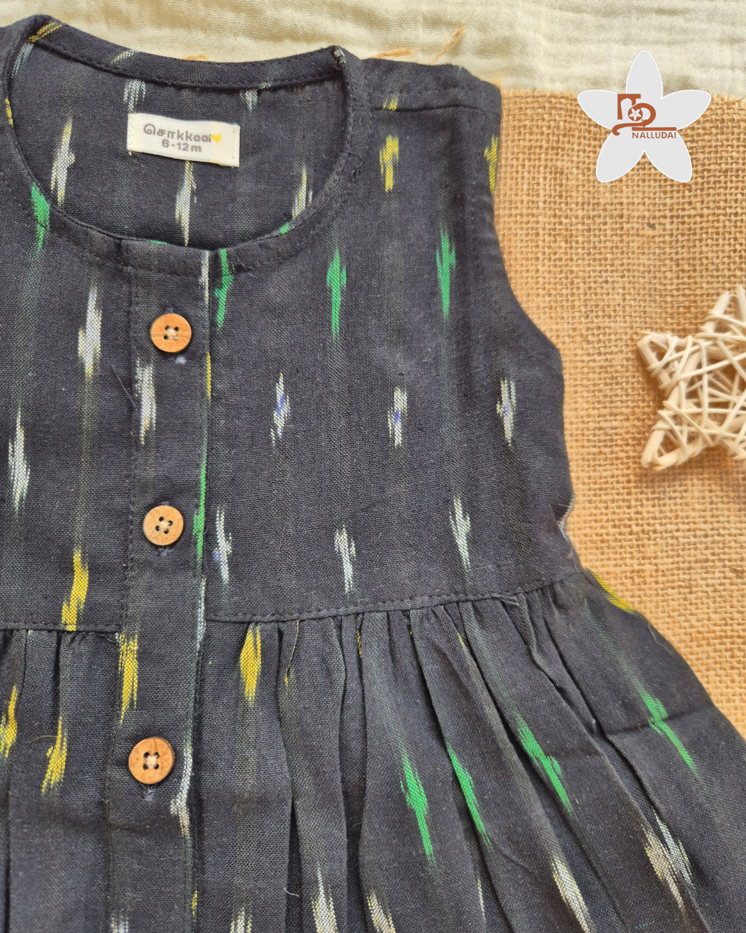 Black Ikkat Centre Button Girl Frock