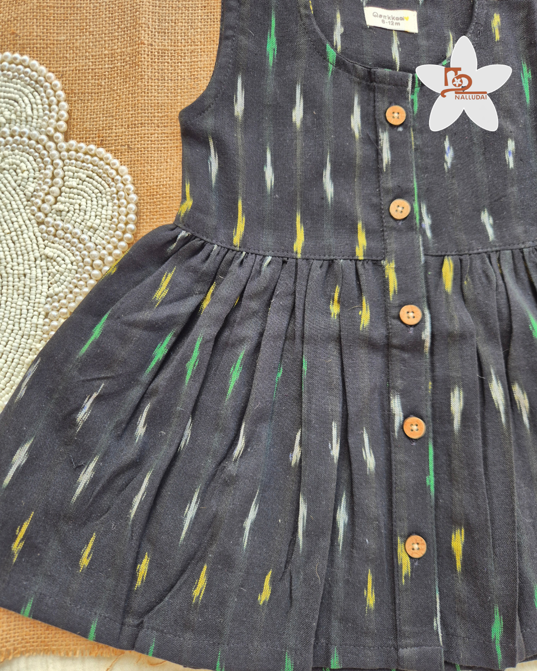 Black Ikkat Centre Button Girl Frock